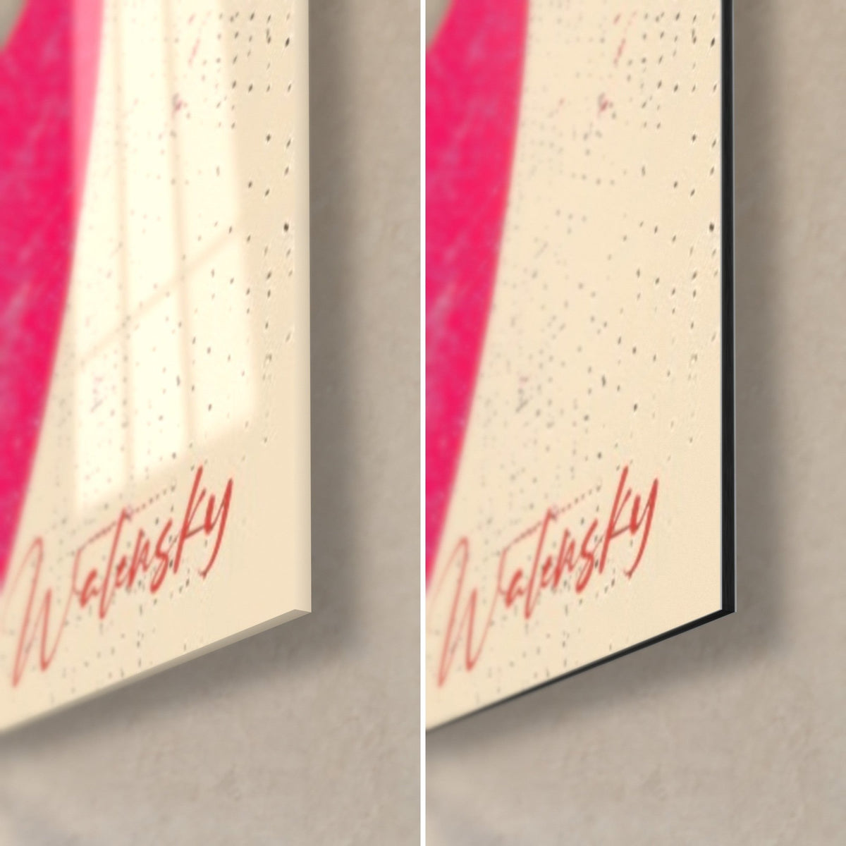 Quadro trio di palme su cerchi fucsia e crema, angolo in basso a destra: vetro lucido a sinistra, Dibond opaco a destra, spessore 3 mm