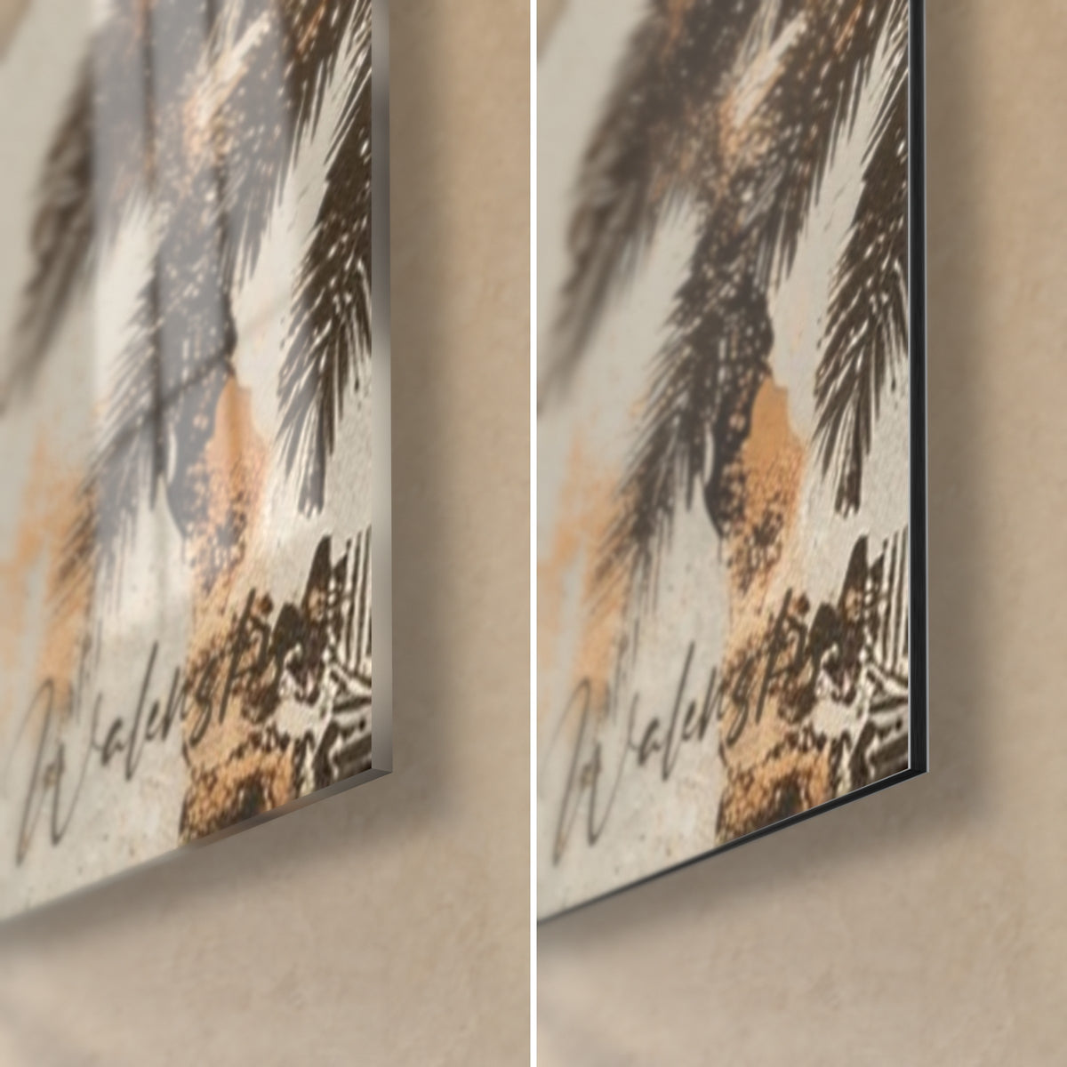Gemälde mit schwarzen Palmwedeln auf türkis-ockerfarbenem Grund, untere rechte Ecke, links brillantes Acrylglas, rechts matttes Dibond, 3 mm Kante