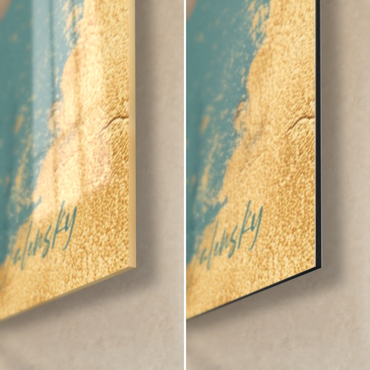 Wall art dark palm trees and golden moon, bottom right corner: glossy glass on the left, matte Dibond on the right, 3 mm black edge