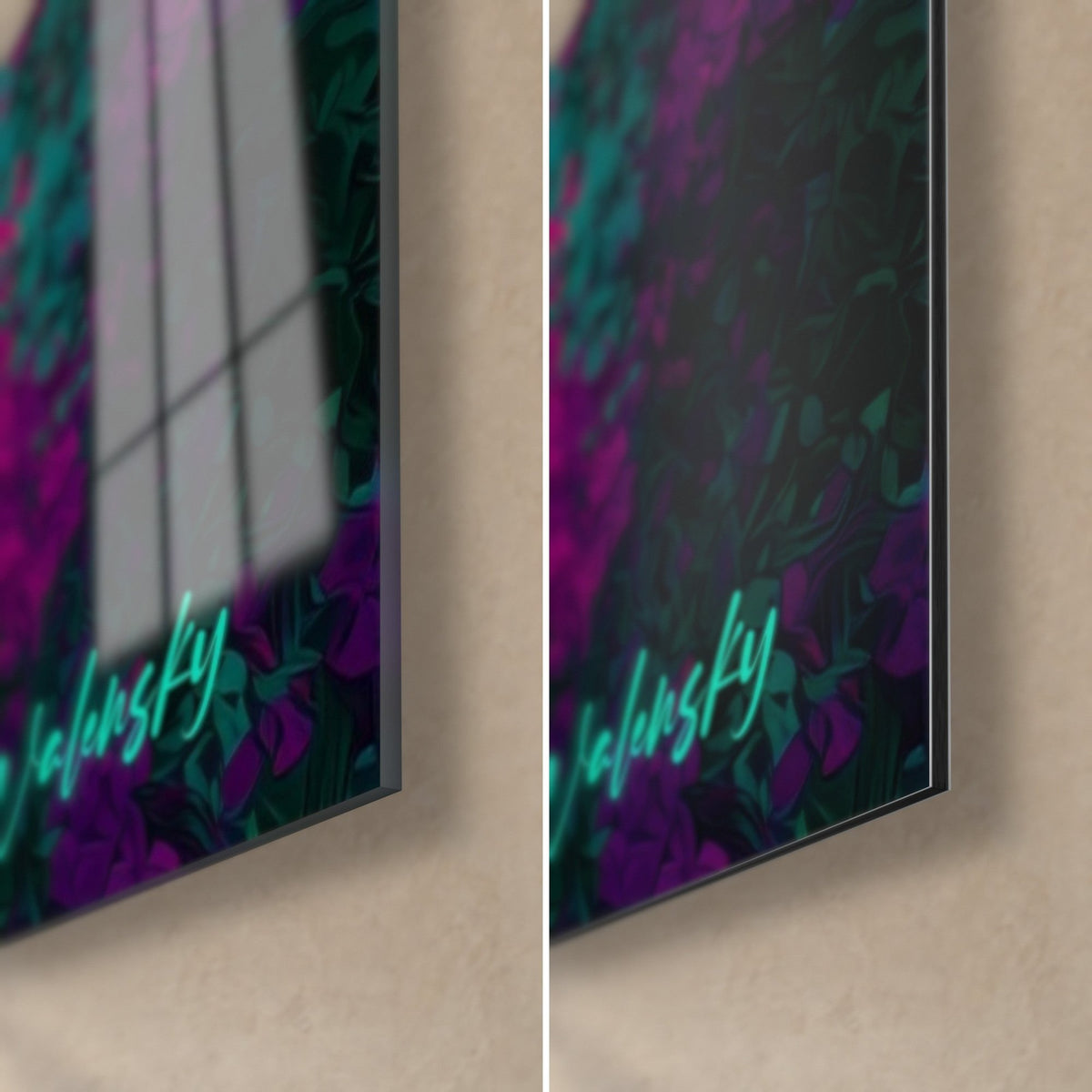 Wall art palm trees and golden moon, bottom right corner: glossy acrylic glass with reflections on the left, matte Dibond aluminum on the right, 3 mm edge