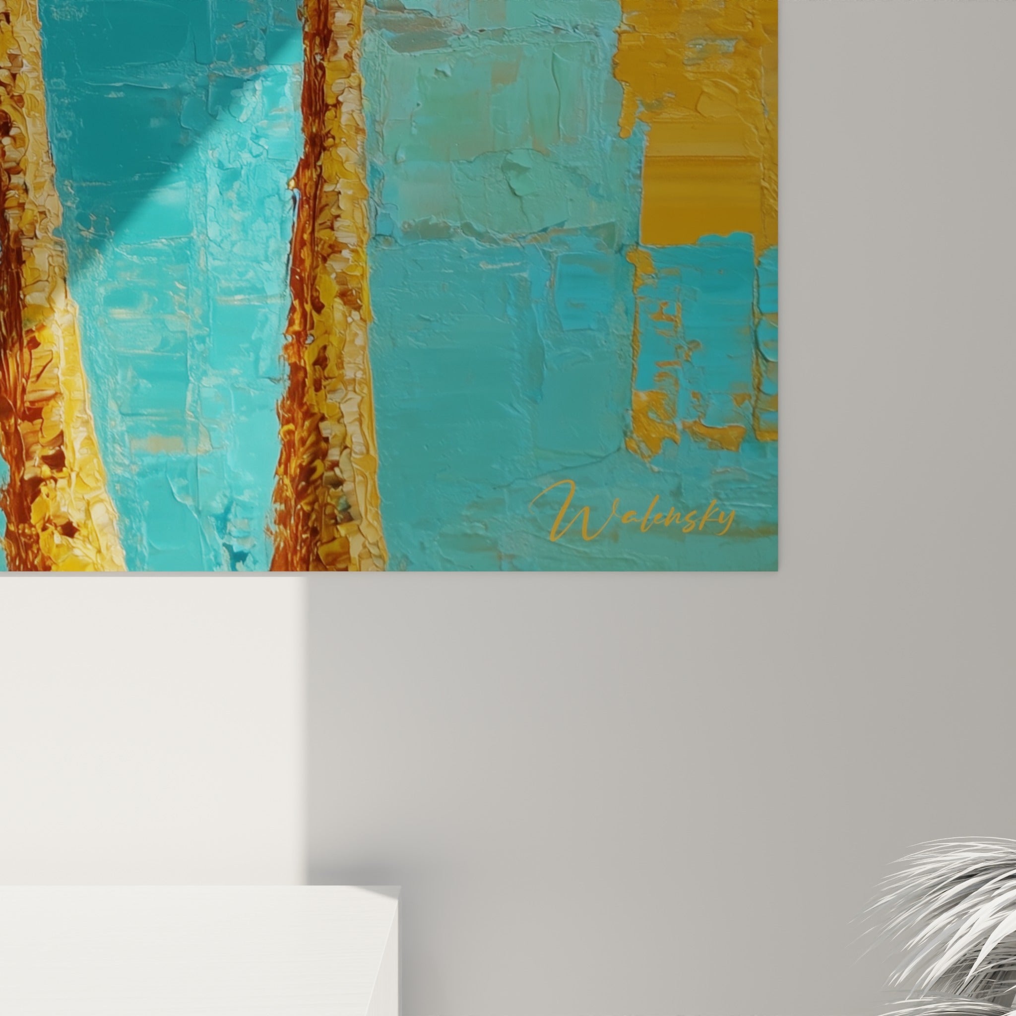 Empâtements de peinture bleu turquoise et ocre doré révélant le grain épais des palmes