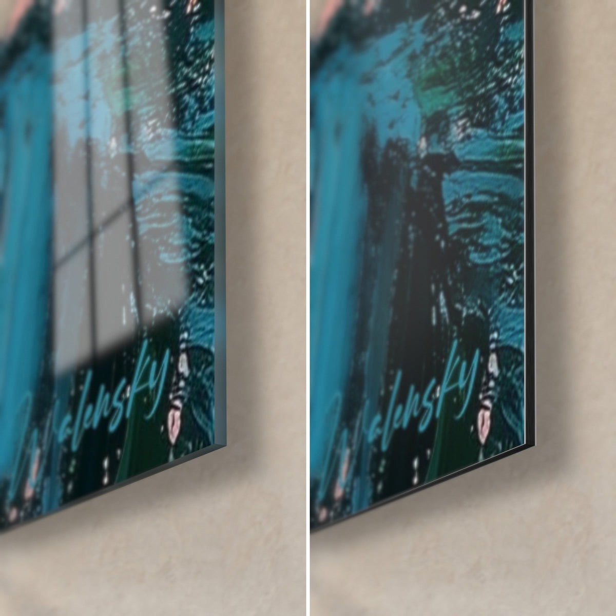 Cuadro de palmera pintada con espátula, esquina inferior derecha: cristal brillante con reflejos, aluminio Dibond mate, borde negro de 3 mm, verde y rosa
