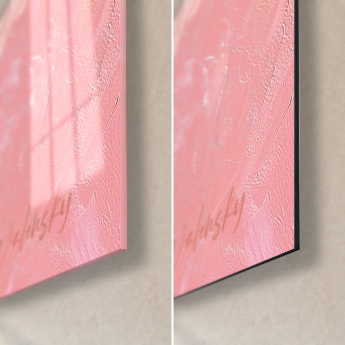 Tableau cocotiers en peinture à la spatule, coin bas droit : verre brillant à gauche, Dibond mat à droite, rose et vert, tranche 3 mm