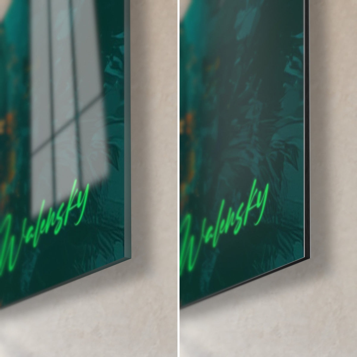 Wall art with golden palm trees, bottom right corner, green Walensky signature on teal background, glossy glass reflecting the window and matte Dibond