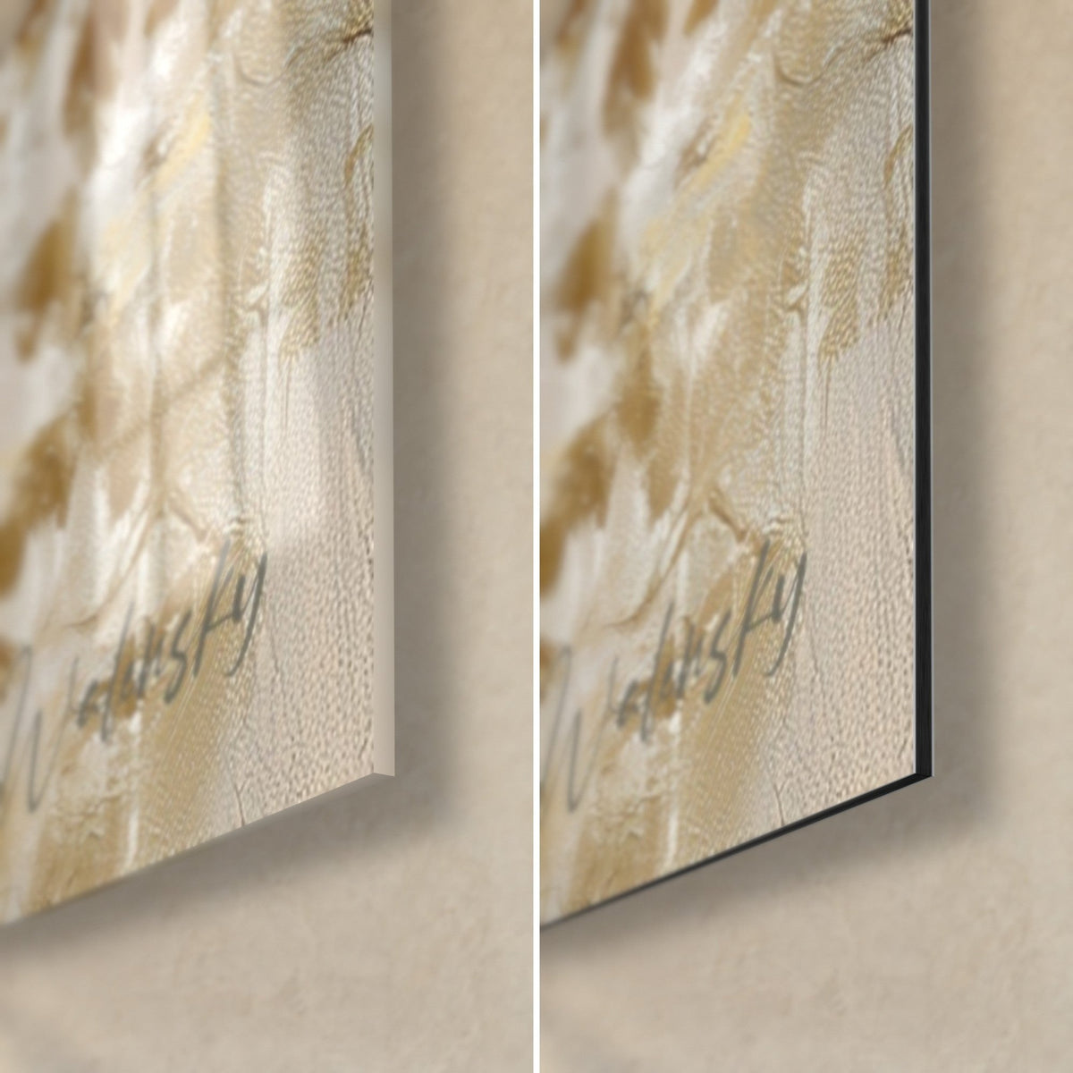 Wall art golden palm tree, bottom right corner: glossy acrylic glass on the left, matte grey Dibond on the right, 3 mm black edge