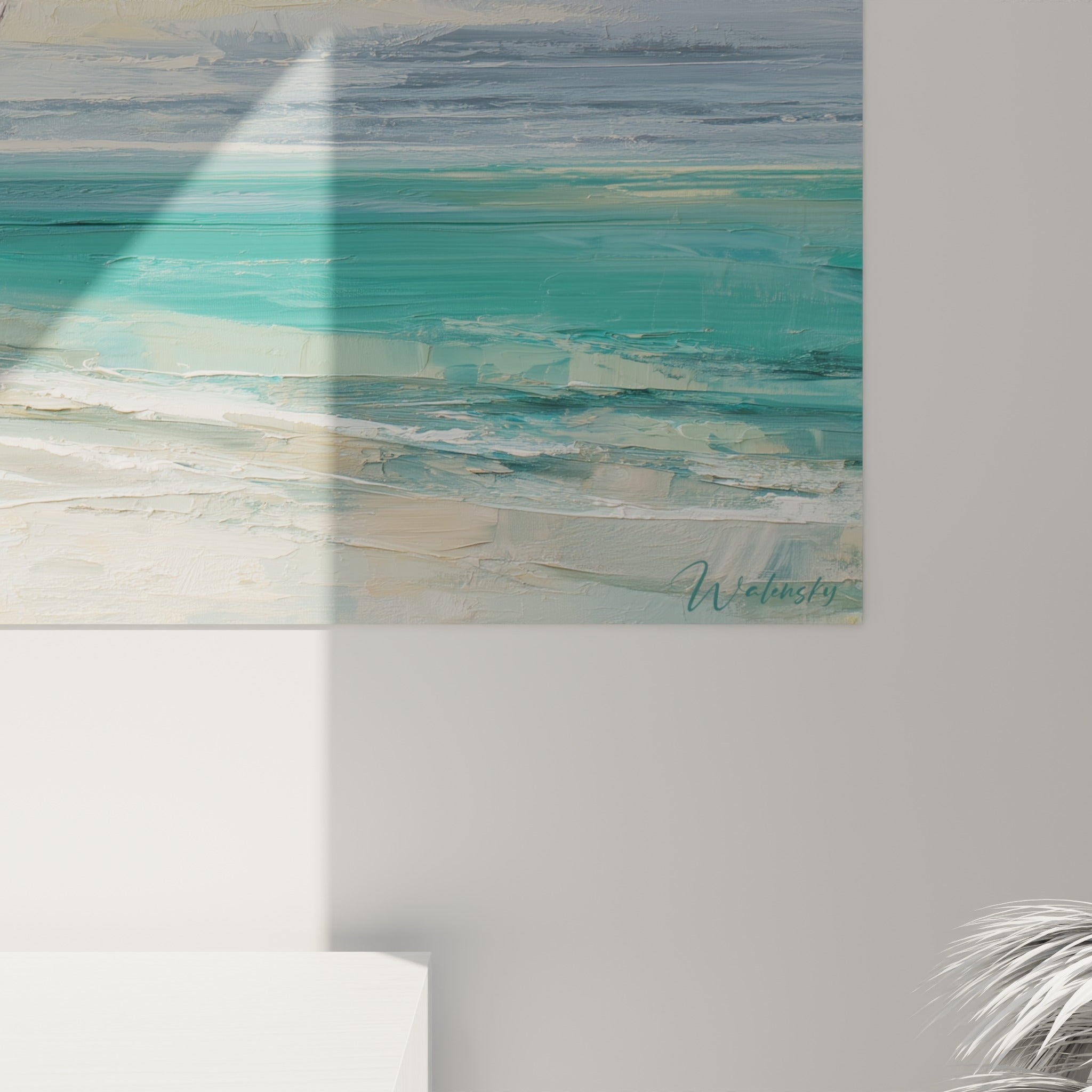 Empâtements épais de vert et de rose sur cette toile de palmiers, révélant le grain et les coulures de peinture turquoise