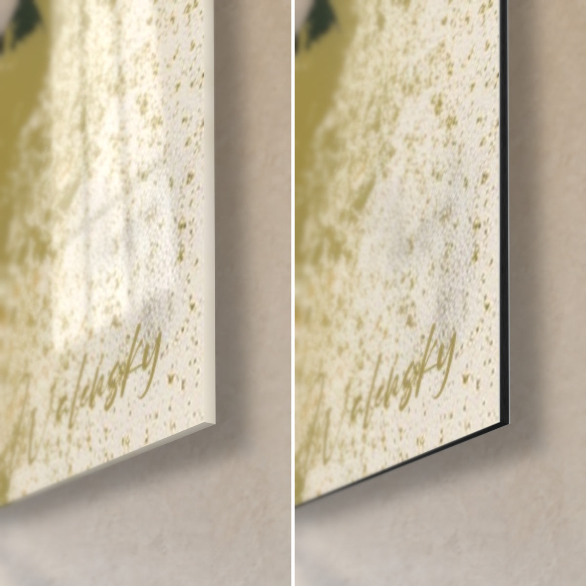 Wall art ink palm trees, bottom right corner: gold signature on cream background speckled with olive, glossy glass and matte black Dibond