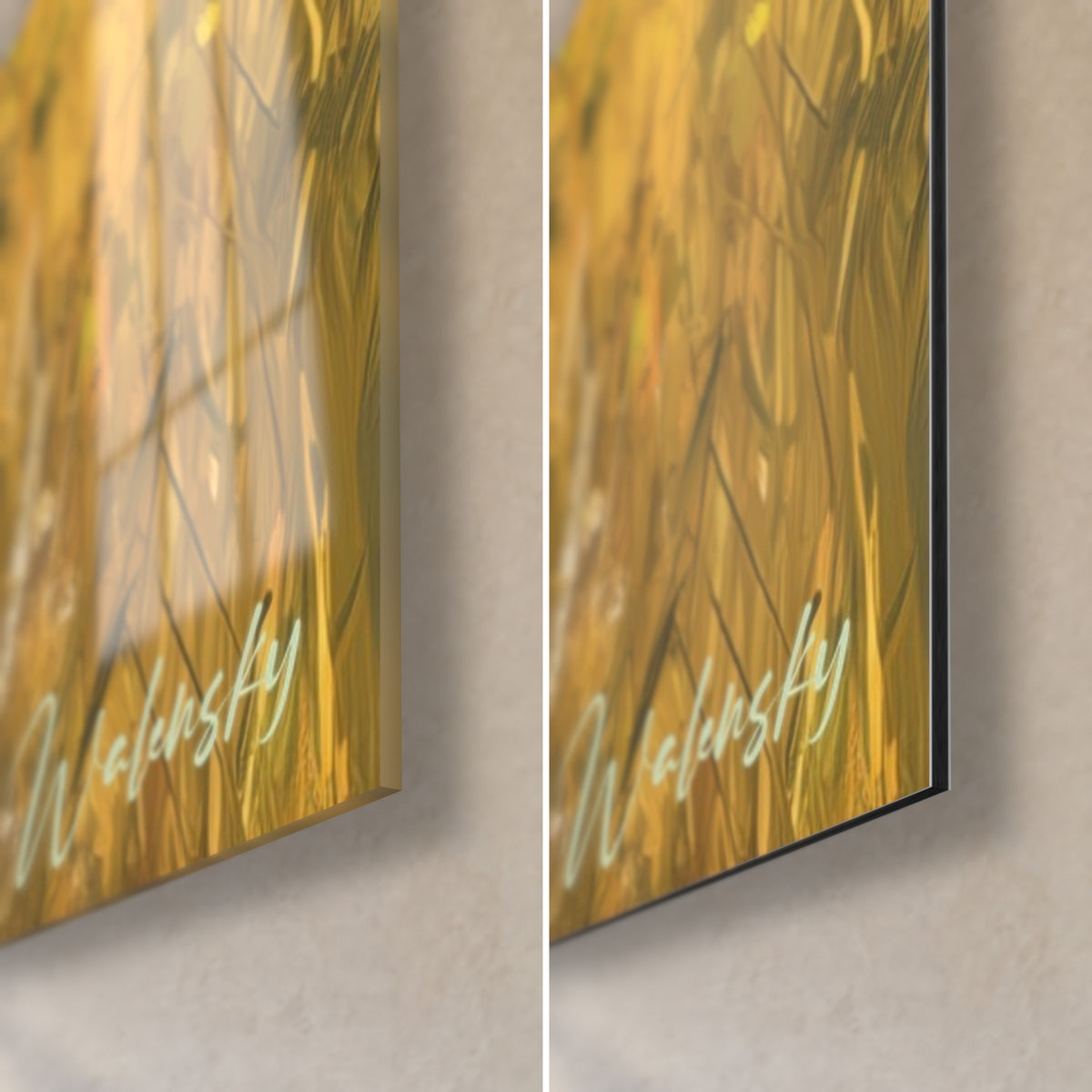 Cuadro de playa tropical con hierbas amarillo dorado, esquina inferior derecha: cristal acrílico brillante a la izquierda, aluminio Dibond mate a la derecha, canto de 3 mm