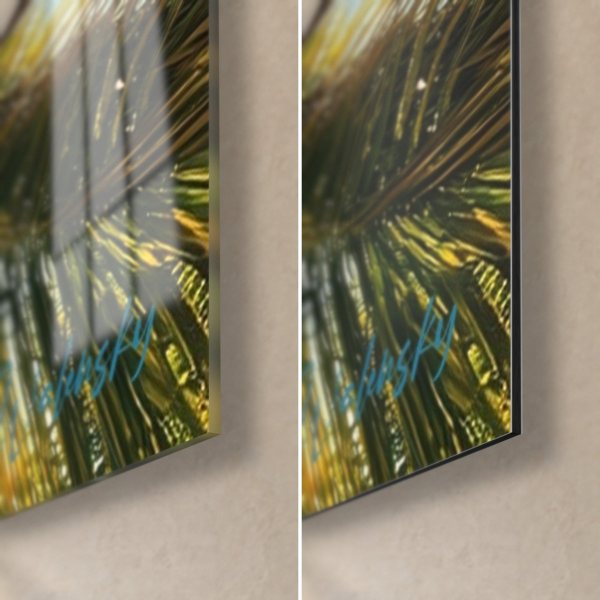 Wall art deep green palm fronds, bottom right corner: glossy acrylic glass with reflections, matte black Dibond aluminium with a thin edge