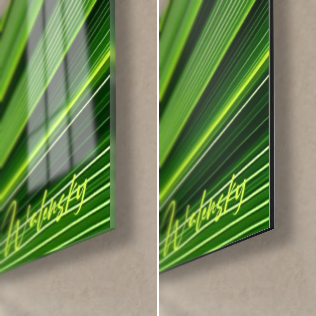 Schilderij van een smaragdgroen palmblad, rechtsonder: glanzend acrylglas met reflecties, mat Dibond-aluminium, 3 mm rand