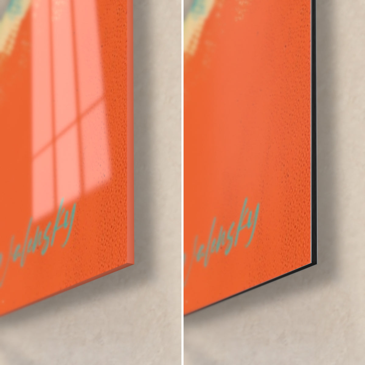 Wall art palm tree with orange clouds, bottom right corner: glossy acrylic glass on the left, matte Dibond aluminium on the right, 3 mm edge and Walensky signature