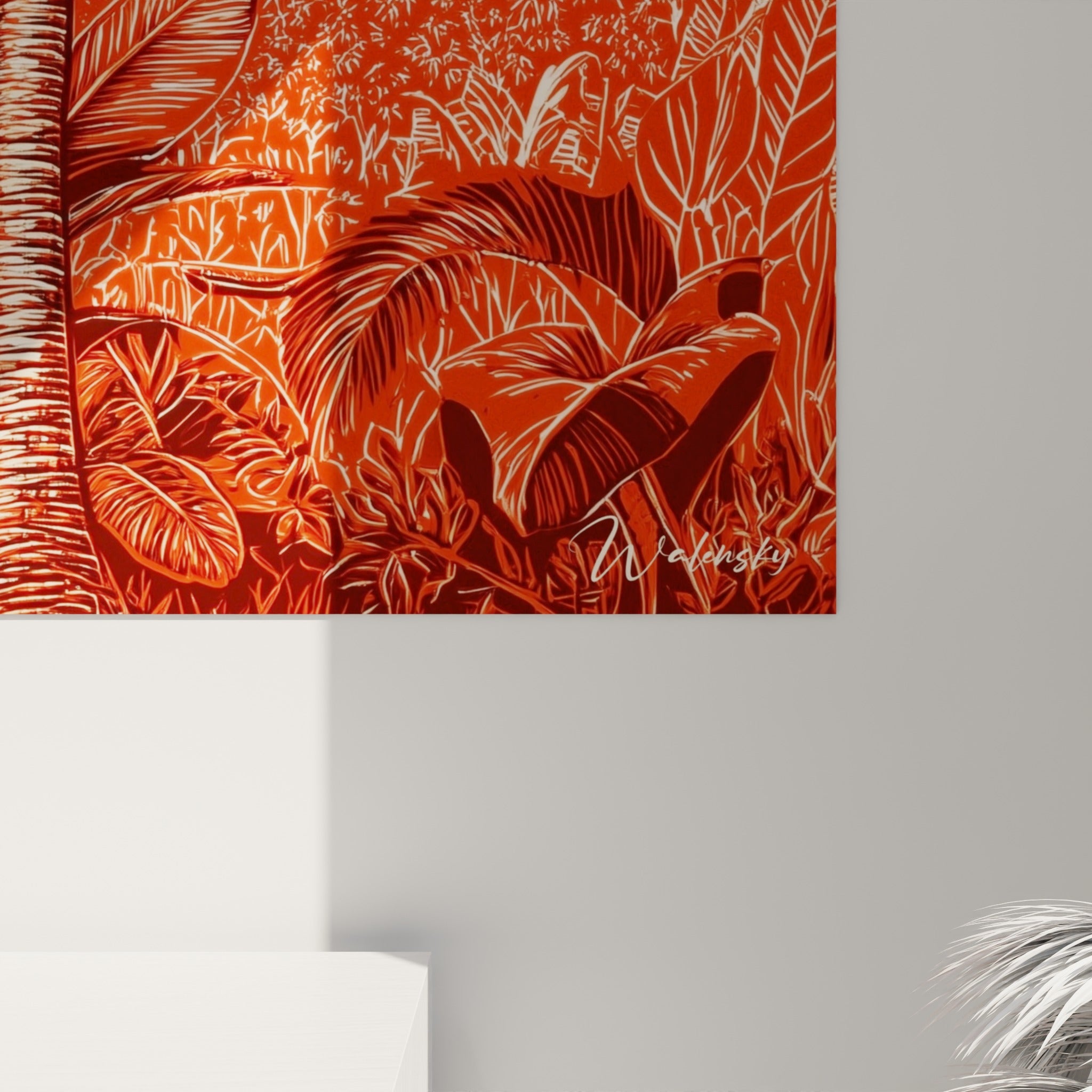 Empâtements et hachures fines du feuillage rouge et crème visibles en gros plan sur la toile