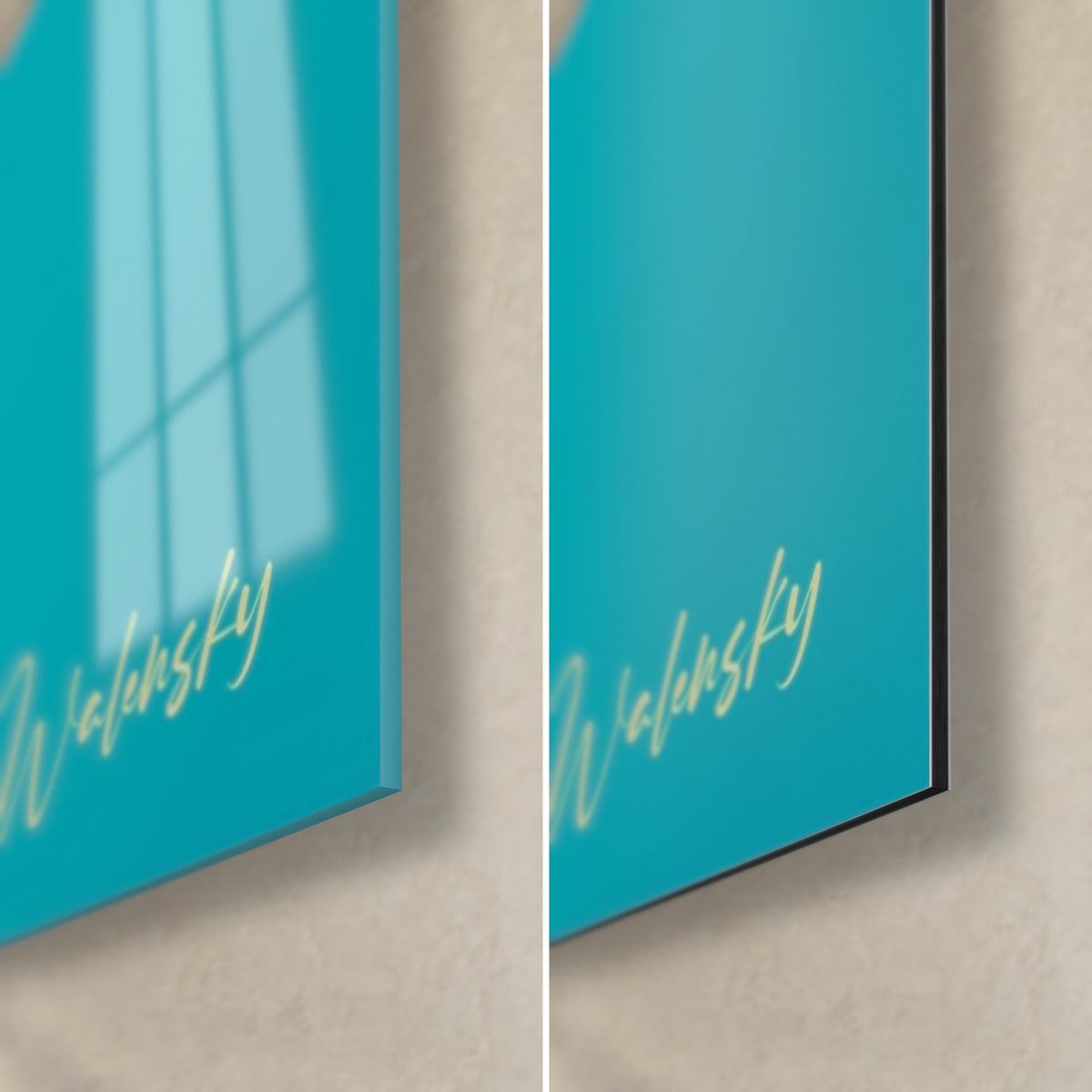 Wall art magenta palm tree, bottom right corner: glossy glass with turquoise reflections, matte black Dibond aluminium, 3 mm edge visible