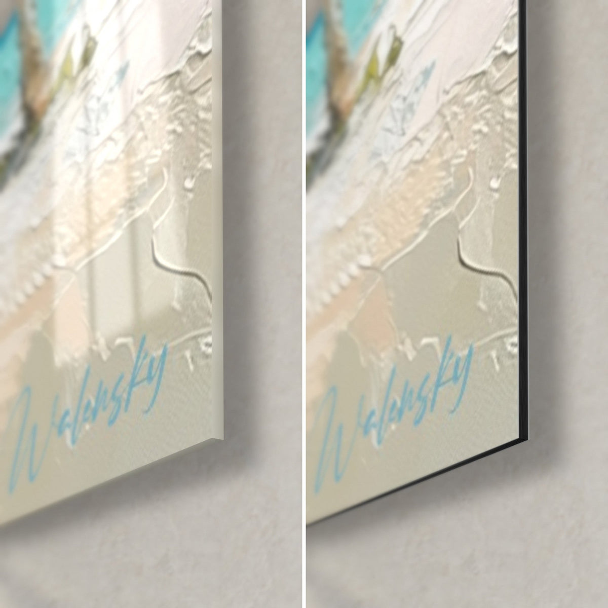 Wall art leaning palm trees in oil painting, bottom right corner: glossy acrylic glass with reflections, matte black Dibond aluminum, 3 mm edge, turquoise signature