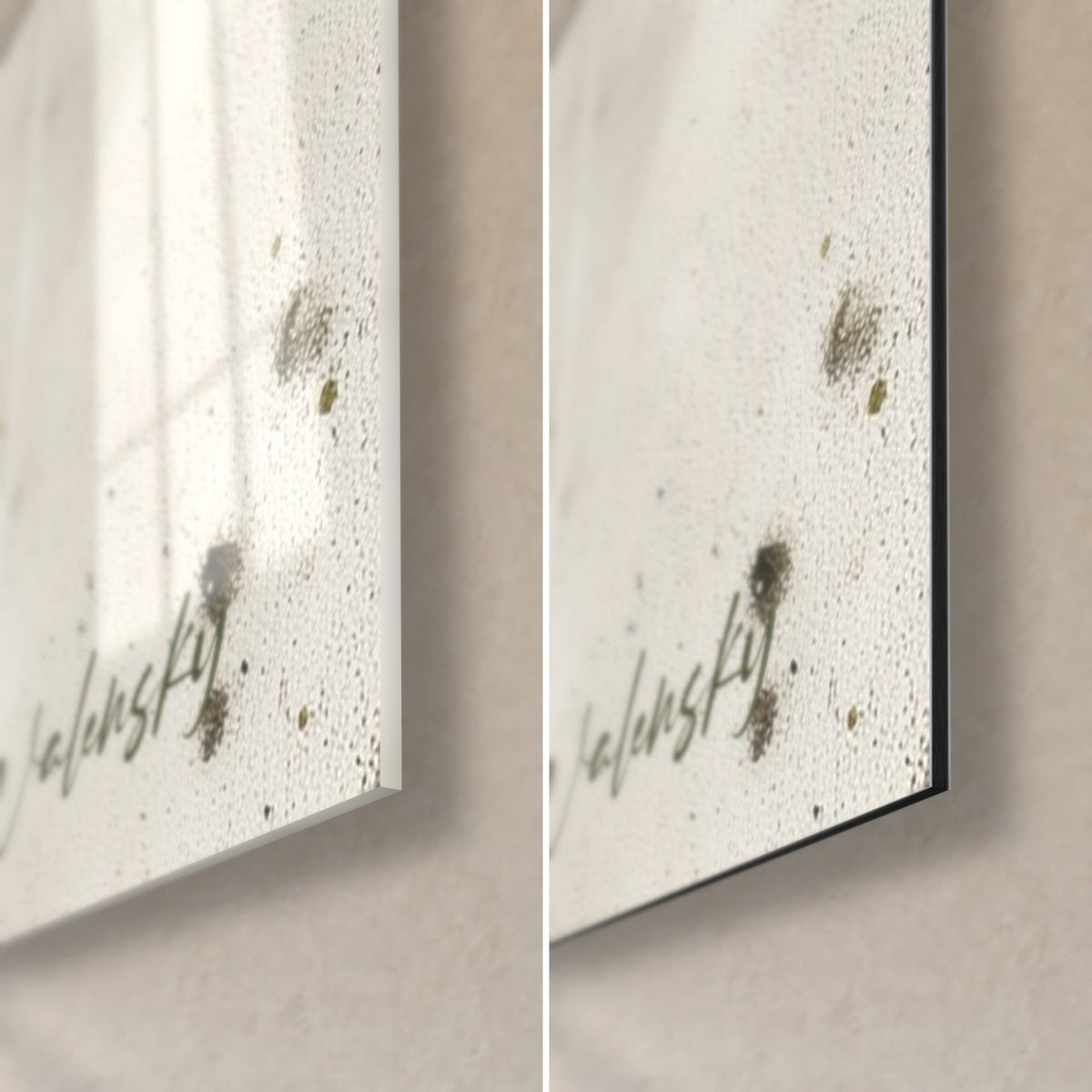 Gemälde Palme in Schwarz und Olivgrün, unten rechts die Signatur Walensky, glänzendes Glas spiegelt links, mattes Dibond rechts