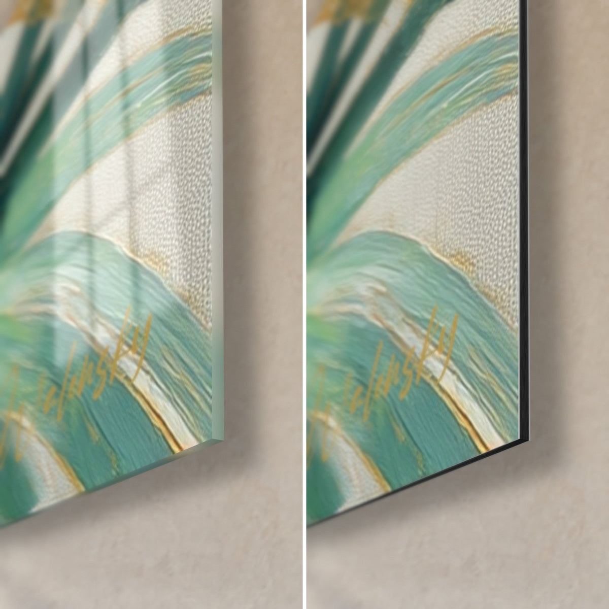 Gemälde Palmwedel in Mintgrün und Gold, untere rechte Ecke: glänzendes Glas links, mattes Dibond rechts