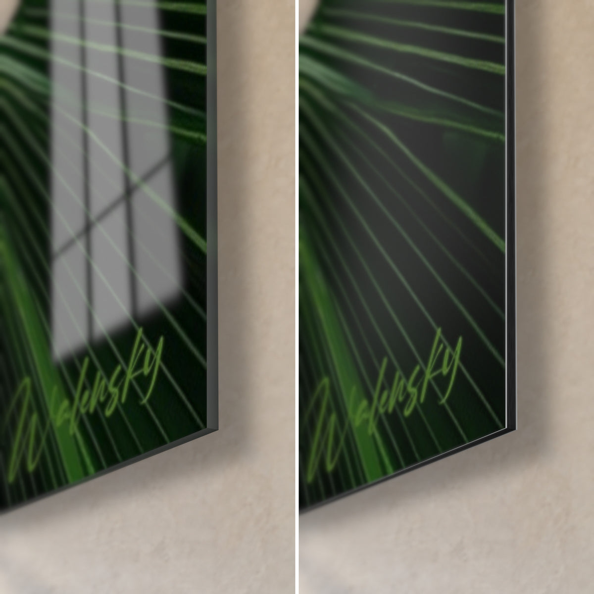 Schilderij waaier van palmblad in groen en geel, rechtsonder: glanzend acrylglas links, mat zwart Dibond en rand rechts