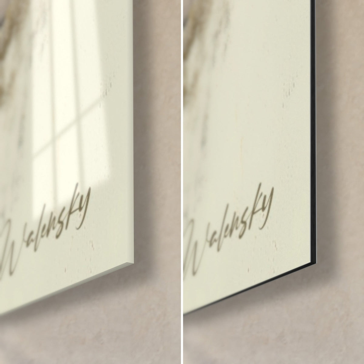 Wall art tropical black ink tree, lower right detail: glossy acrylic glass with reflections, matte Dibond aluminium, 3 mm edge