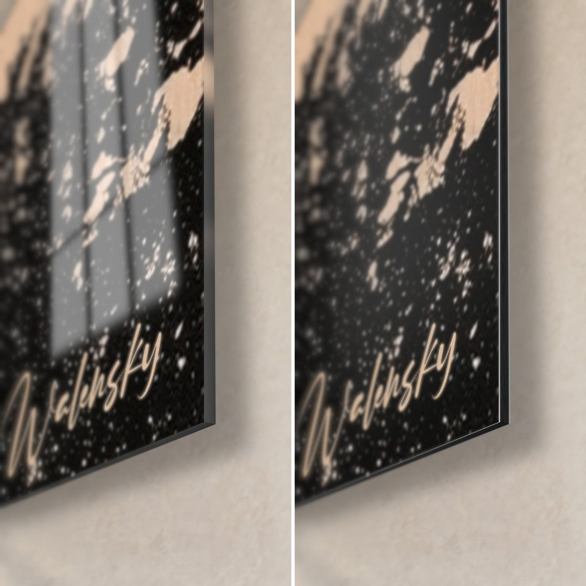 Wall art coconut palm screen print in black on peach background, glossy glass and matte Dibond lower right corner, Walensky signature