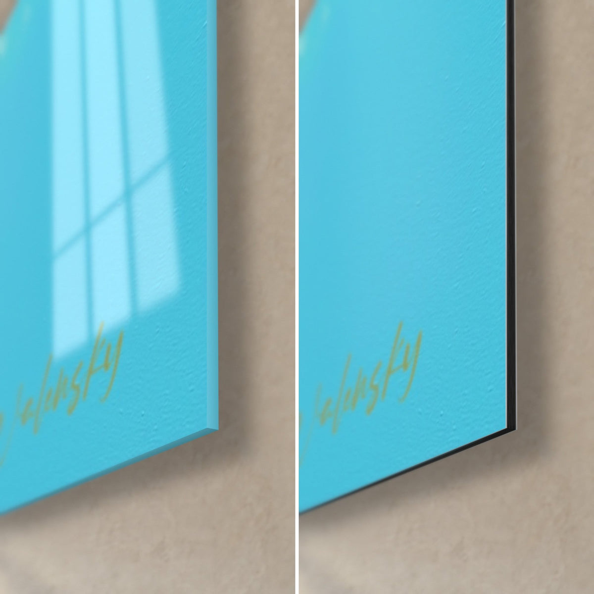 Wall art palm trunk with stripped bark, lower right corner: glossy acrylic glass on the left, matte black Dibond aluminium on the right, 3 mm edge