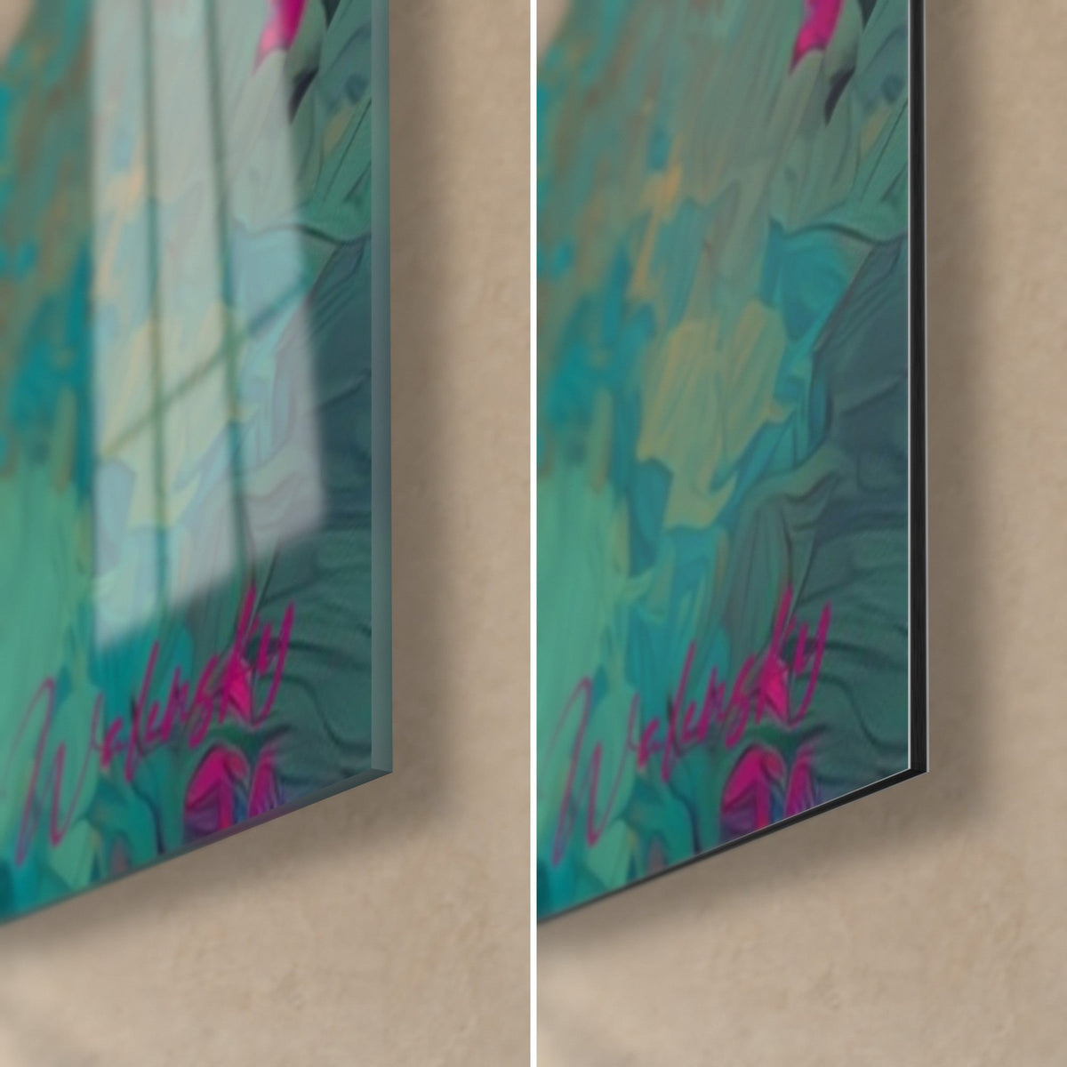 Wall art of palm trees under the moon, bottom right corner: glossy acrylic glass with reflections and matte Dibond aluminium, magenta flowers, 3 mm thickness