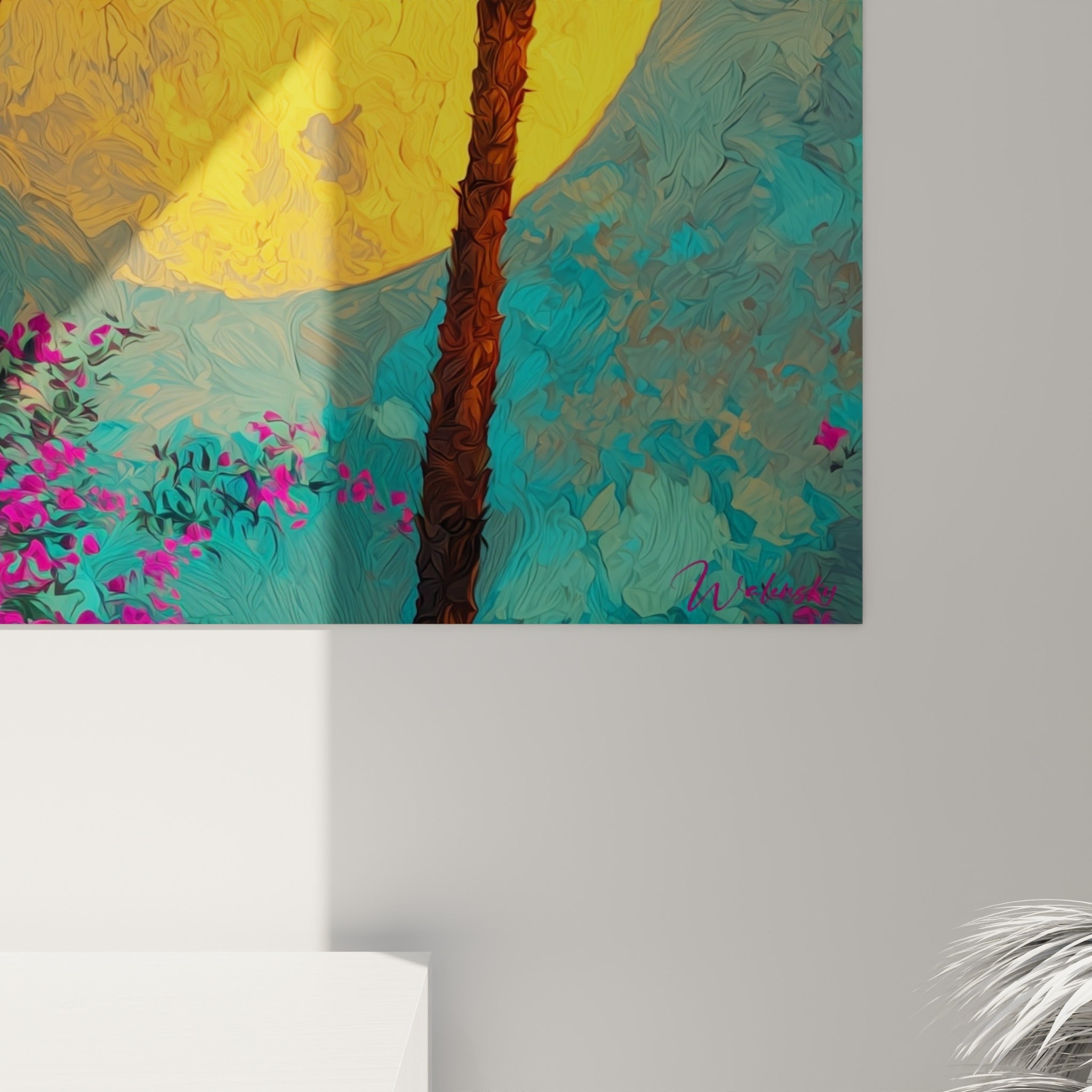 Empâtements de peinture jaune et turquoise visibles sur les palmes et le halo lunaire du tableau