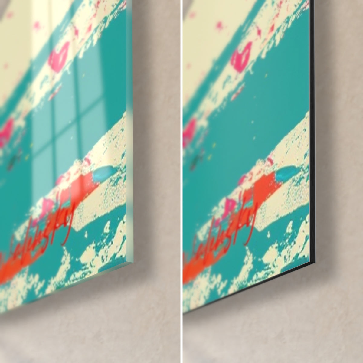 Wall art tropical palm trees in orange and turquoise, bottom right corner: glossy acrylic glass on the left, matte black Dibond aluminium on the right