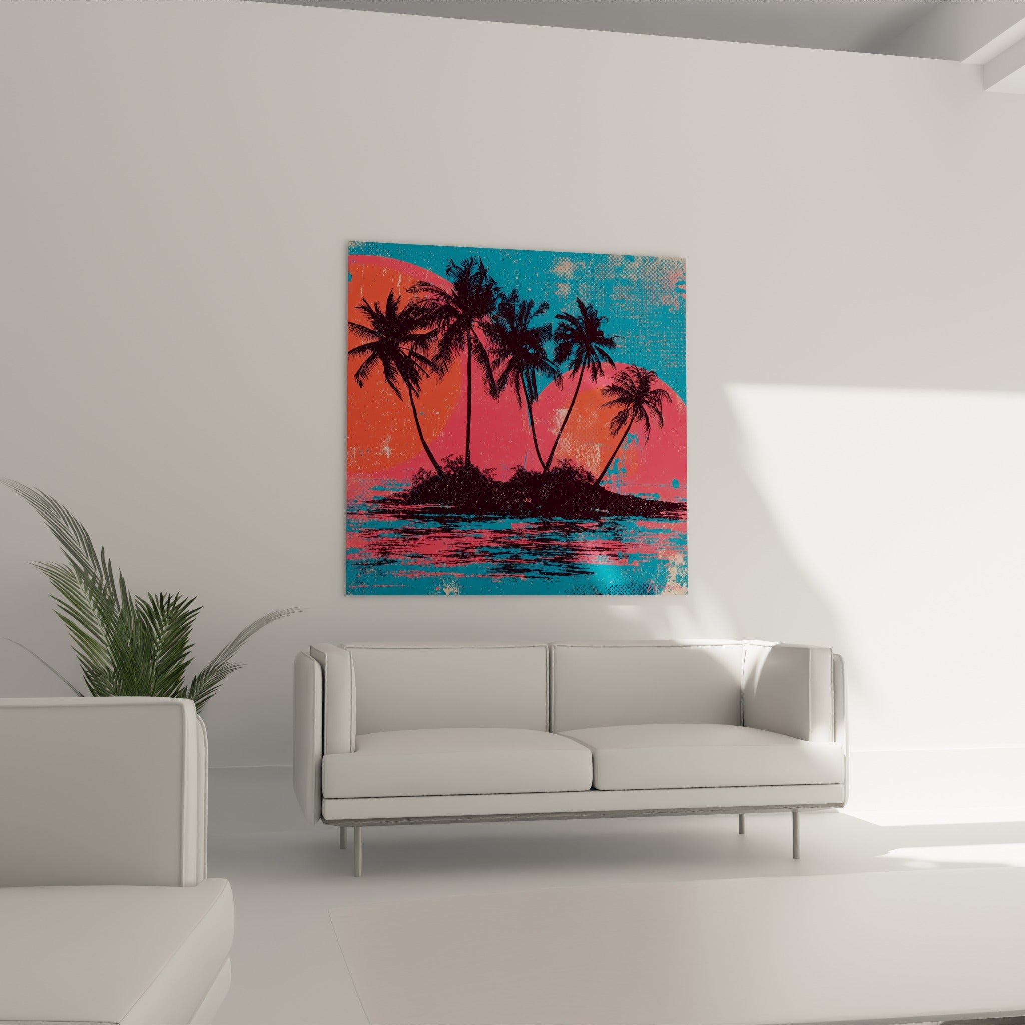 Cinq palmiers noirs sur îlot rose et bleu, tableau au-dessus d'un canapé dans un salon lumineux