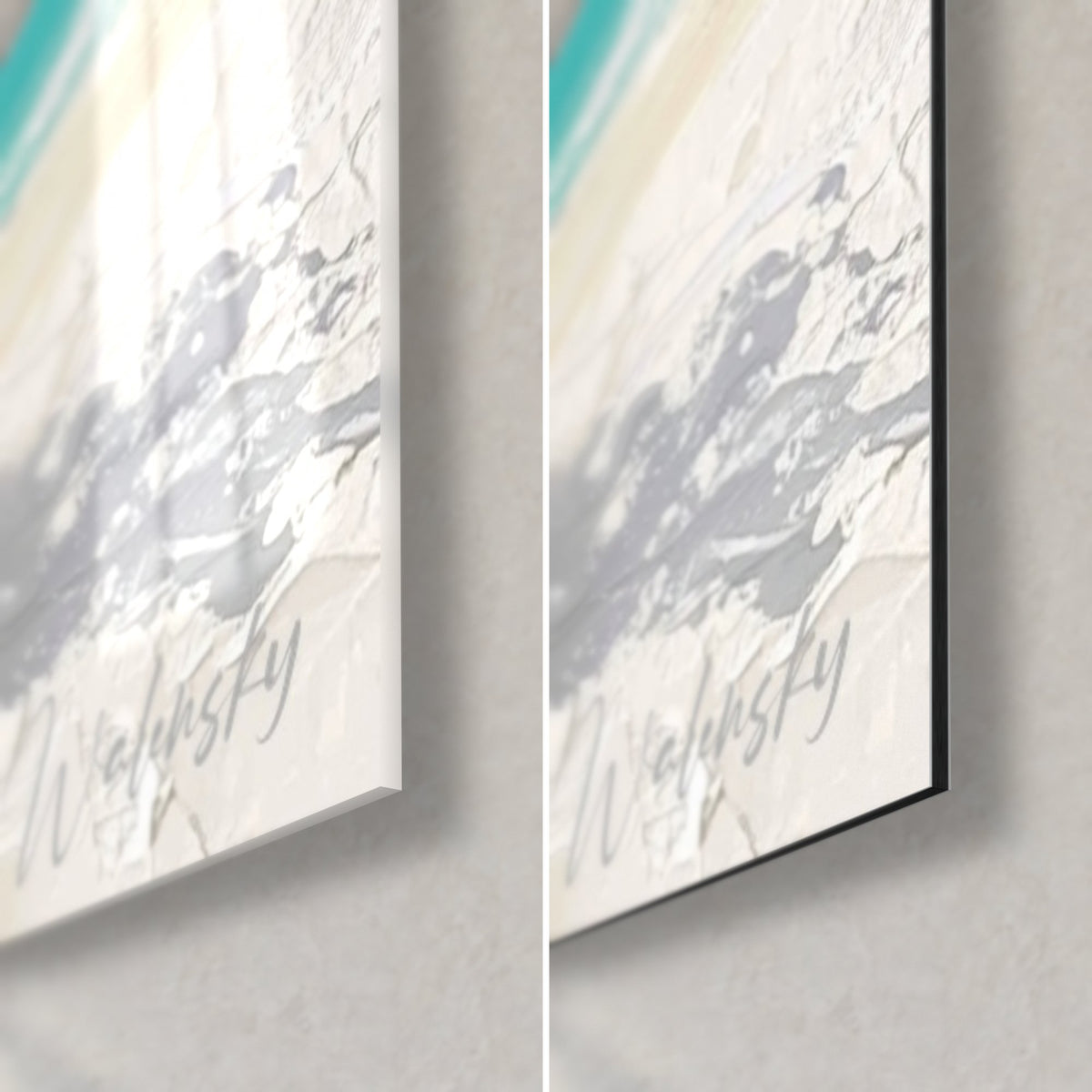 Wall art of a palm duo painted in thick impasto, bottom right corner: glossy glass on the left, matte white Dibond aluminum on the right
