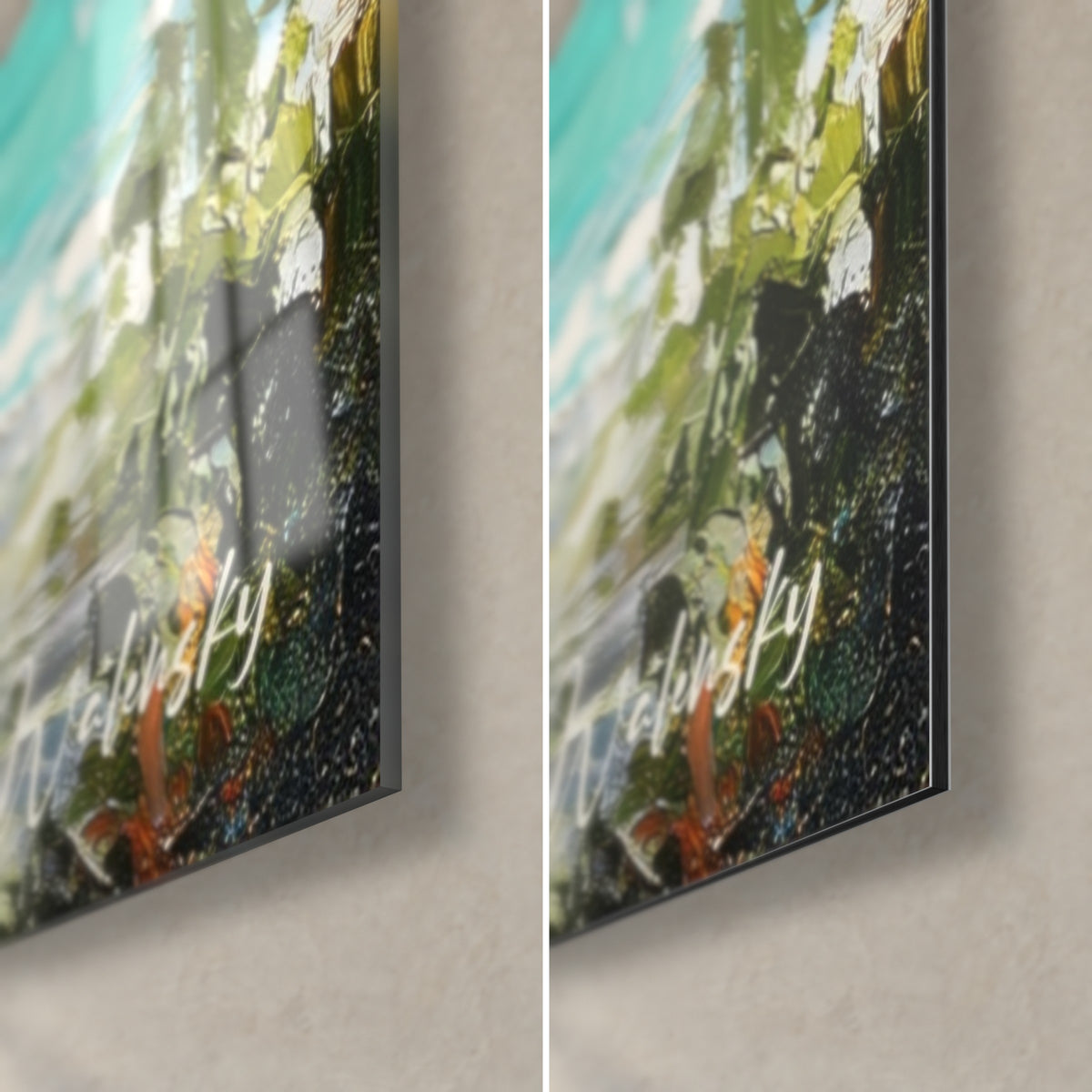 Tableau deux palmiers en pâte épaisse, coin bas droit : feuilles vertes, orange cuivré, signature blanche, verre brillant et Dibond mat