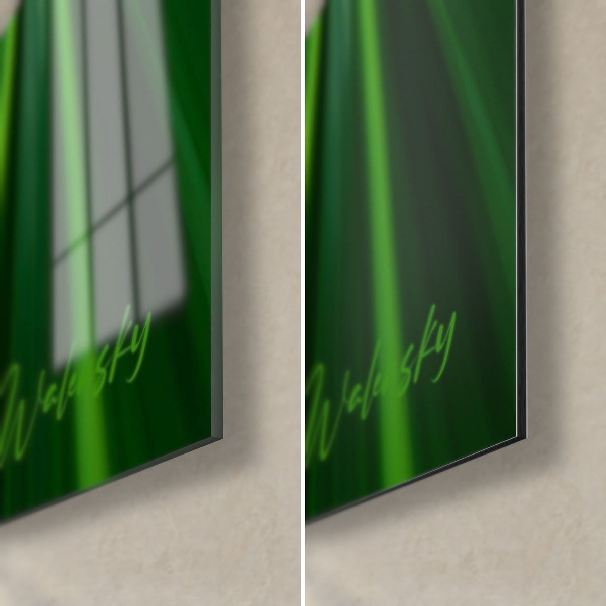 Cuadro abanico de palmera en verde y amarillo, esquina inferior derecha: cristal acrílico brillante con reflejos, aluminio Dibond mate, grosor de 3 mm