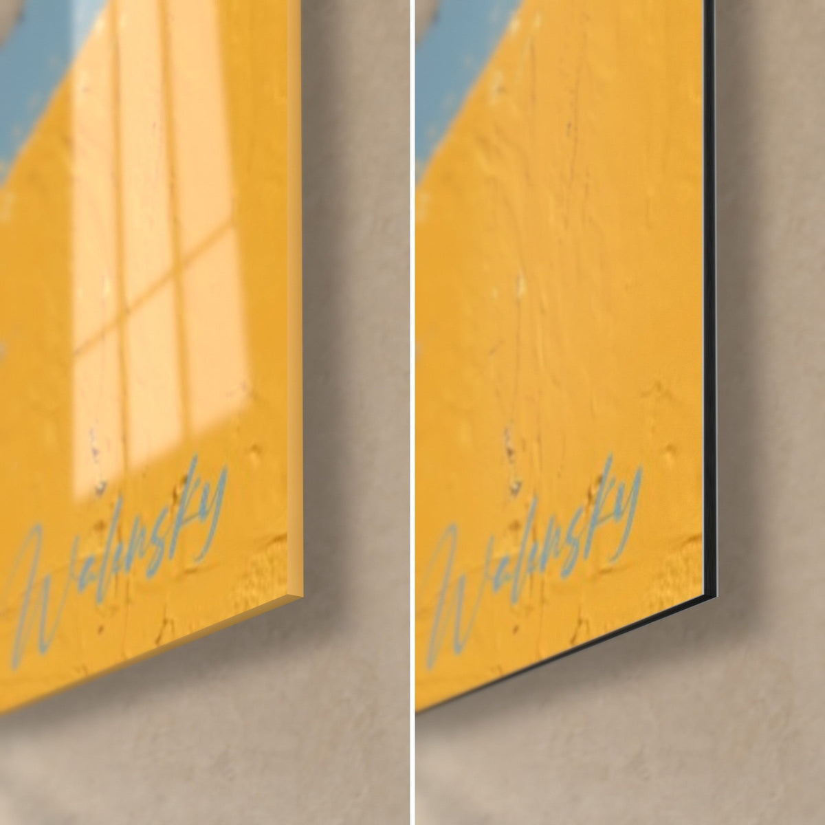 Wall art black palm, saffron yellow flat color and textured blue, bottom right corner: glossy glass on the left, matte Dibond on the right, 3 mm edge