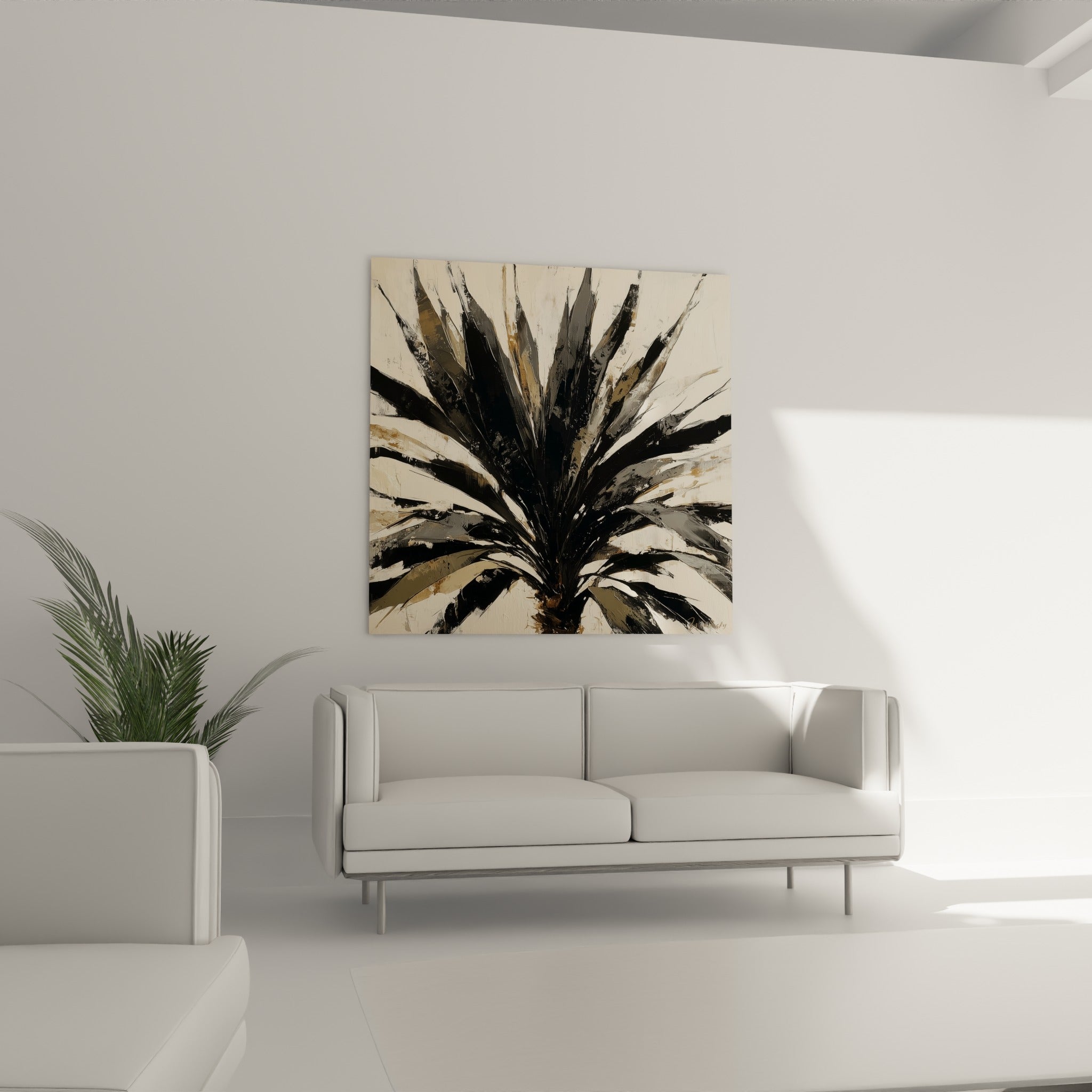 Éventail de palmes anthracite et brunes d'un palmier au-dessus d'un canapé dans un salon lumineux