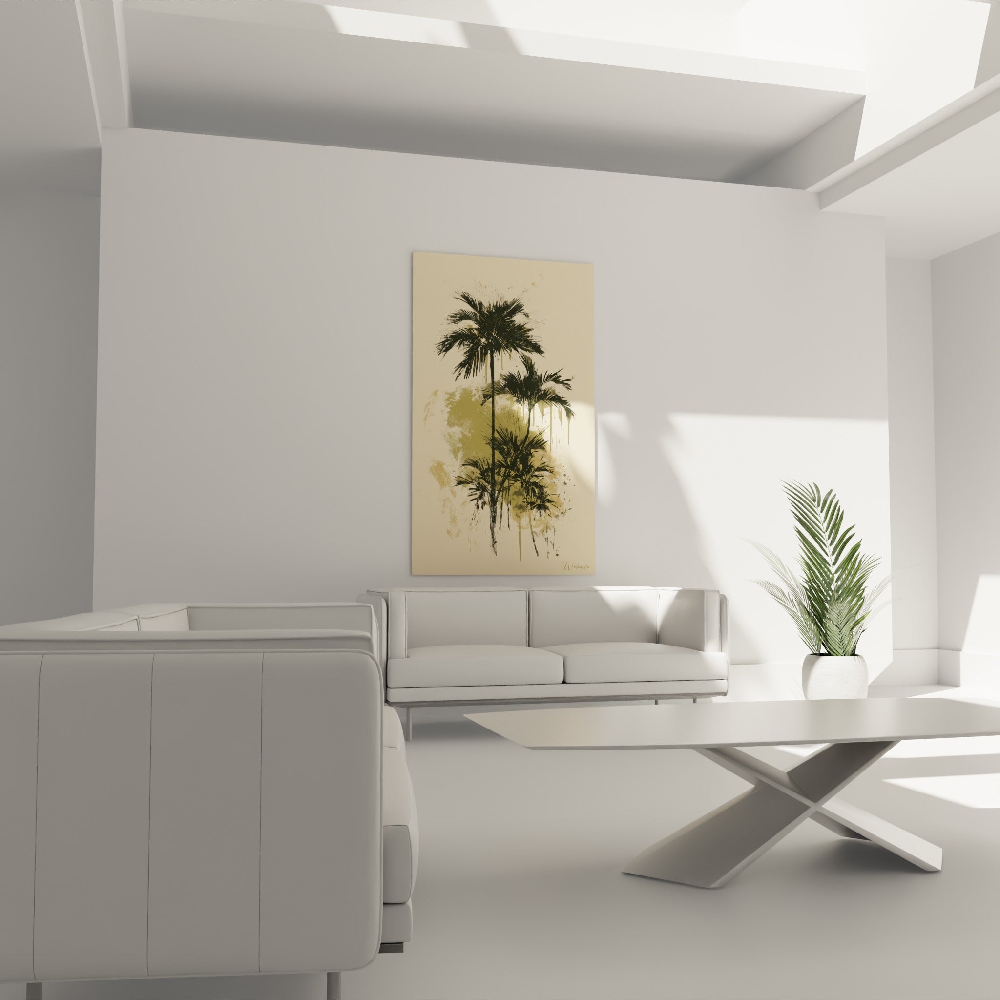 Trois palmiers encrés noir et doré au-dessus d'un canapé dans un salon lumineux