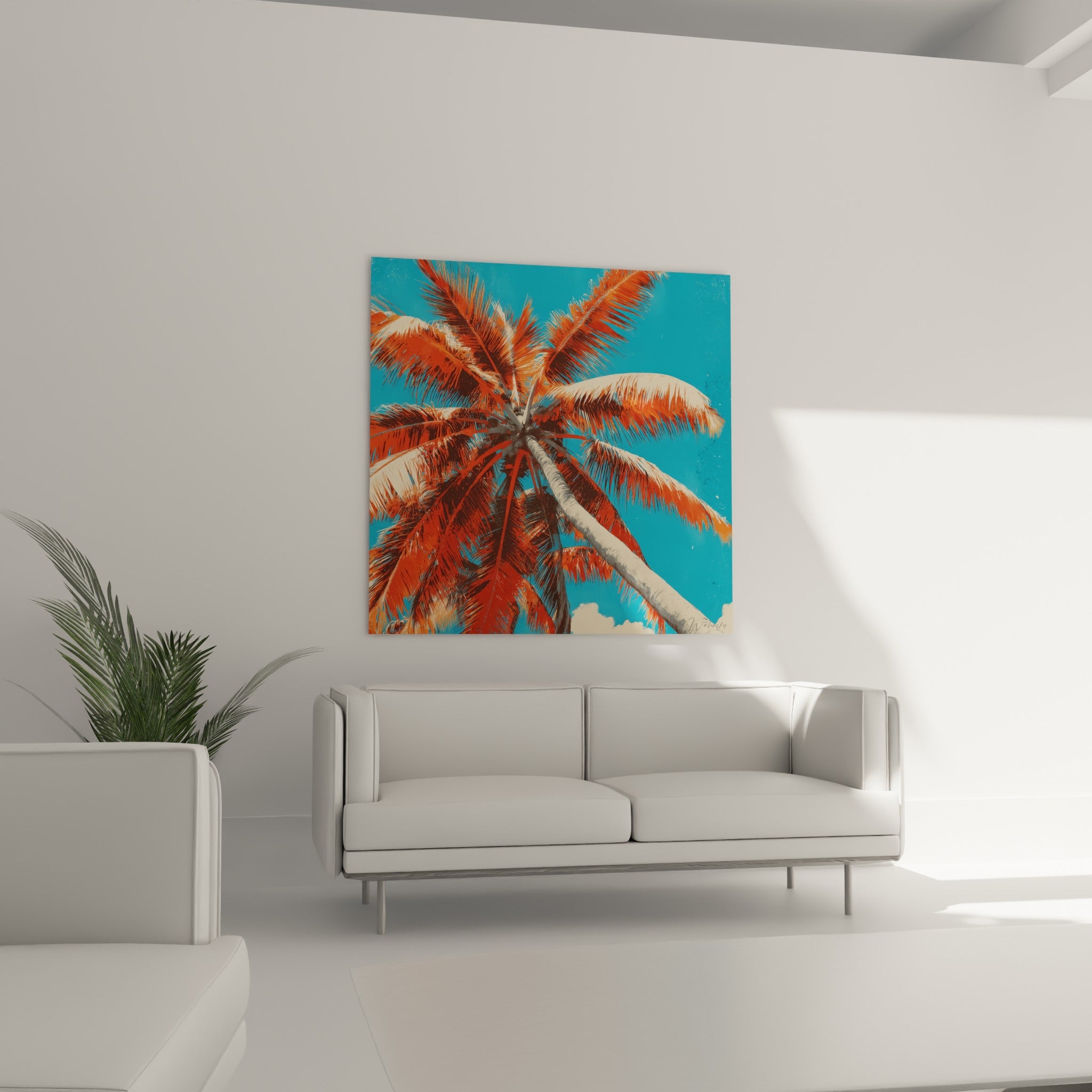 Tronc incliné du palmier beige et feuilles orangé vif se détachant du bleu, au-dessus d'un canapé dans un salon lumineux