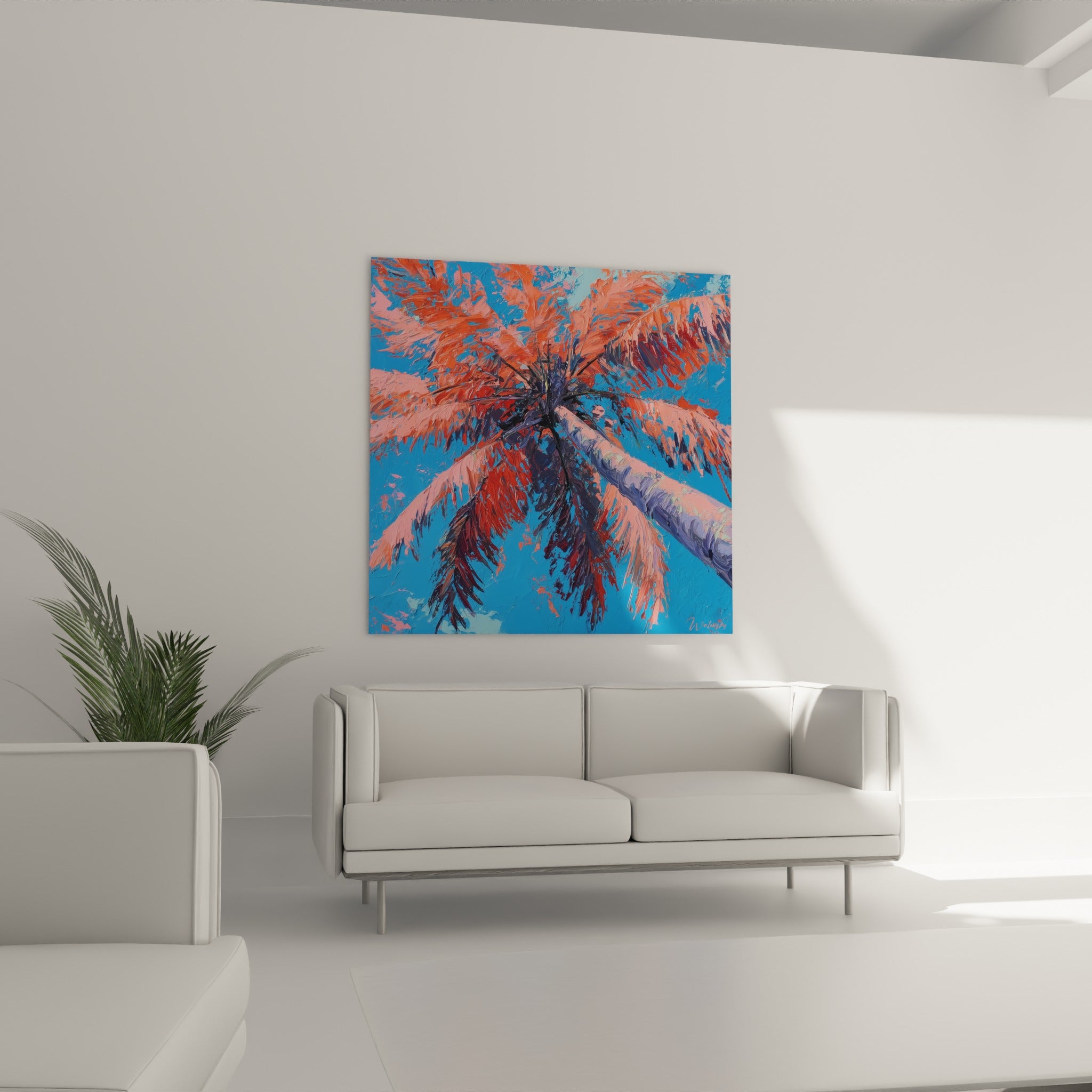 Palmier aux teintes corail et mauve, composition vue du dessous, au-dessus d'un canapé dans un salon lumineux