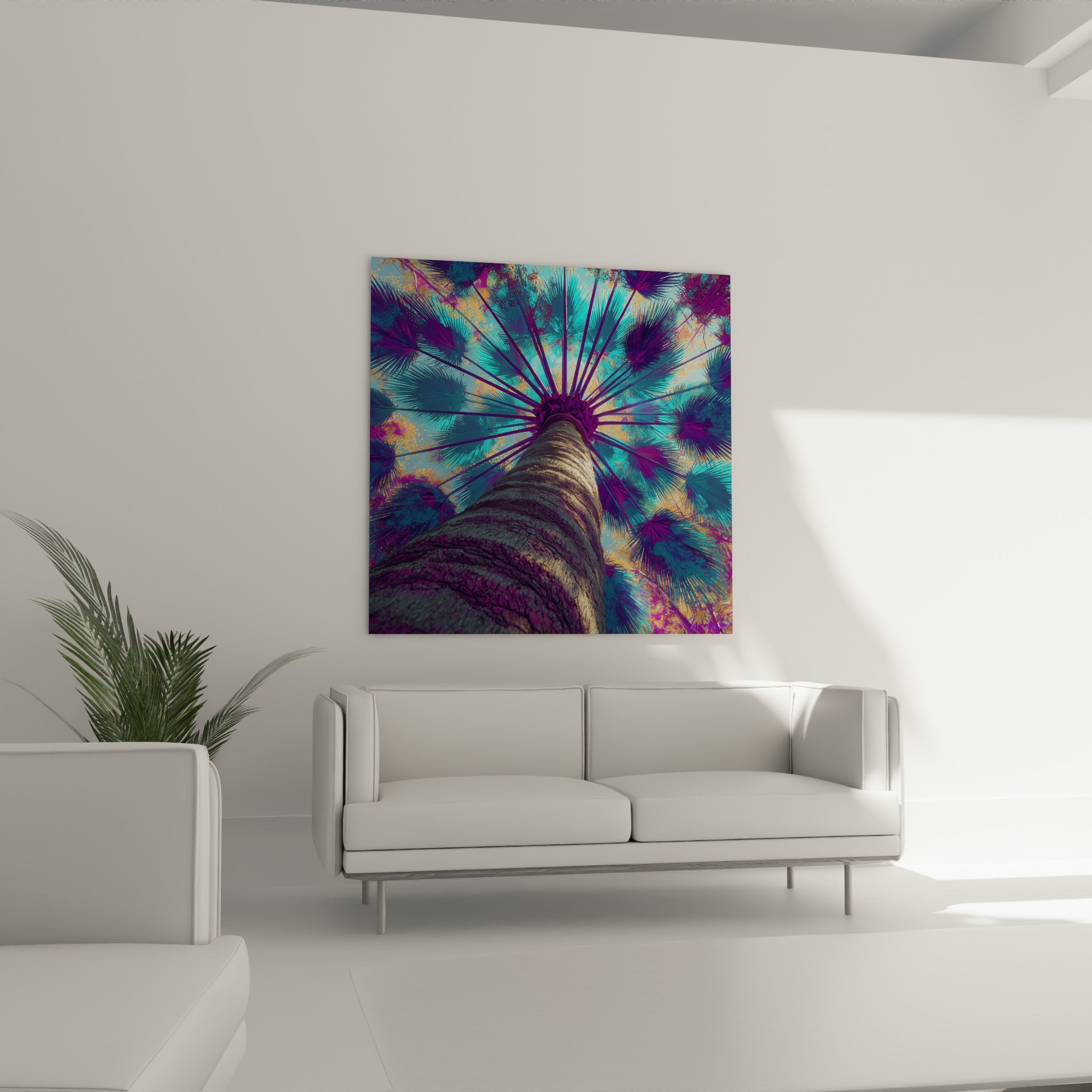 Tronc de palmier ocre et magenta s'élevant vers un ciel turquoise, tableau au-dessus d'un canapé dans un salon lumineux