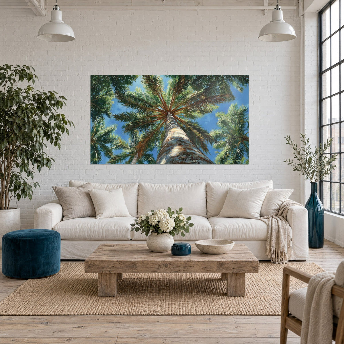 Wall art palm tree seen from below, green fronds fanning out against a blue sky, hanging above a sofa in a bright living room