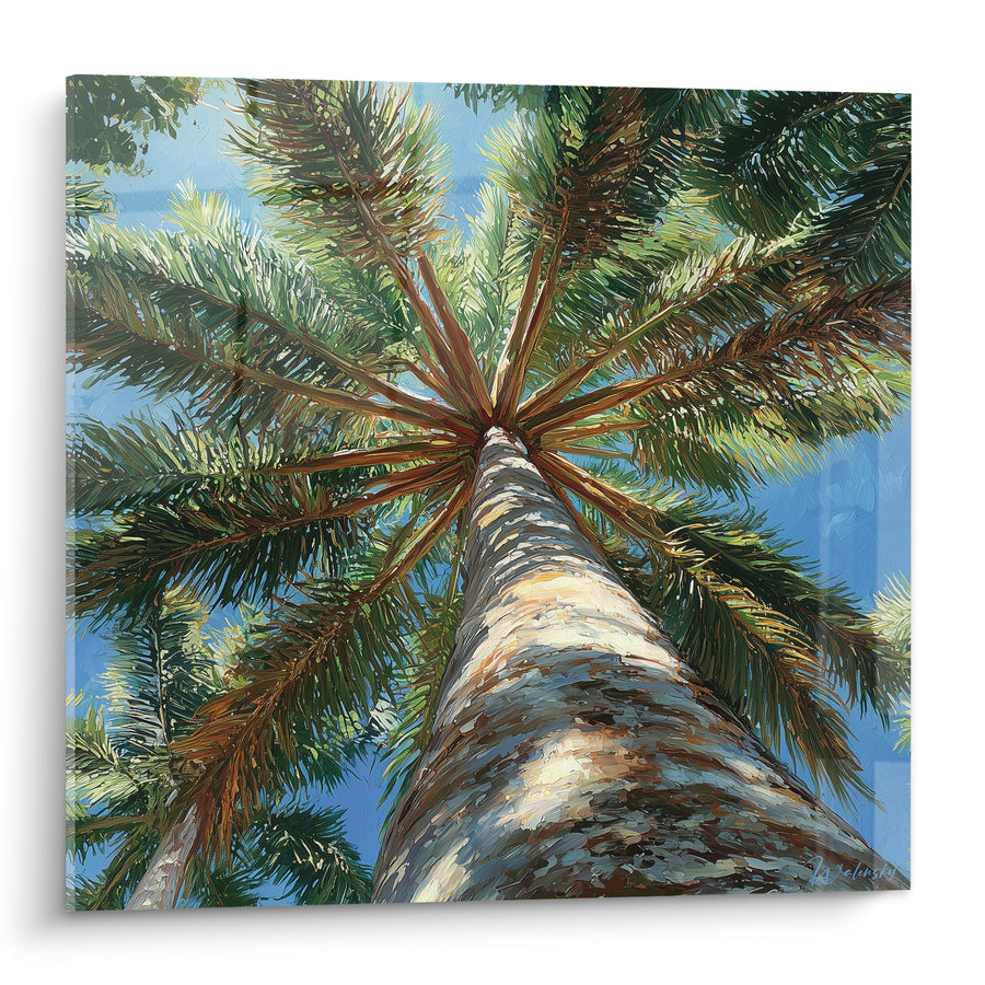 Tableau Palmier tronc écorcé vert et bleu ciel dégagé - Palmes en étoile rayonnante - Edition Palmier