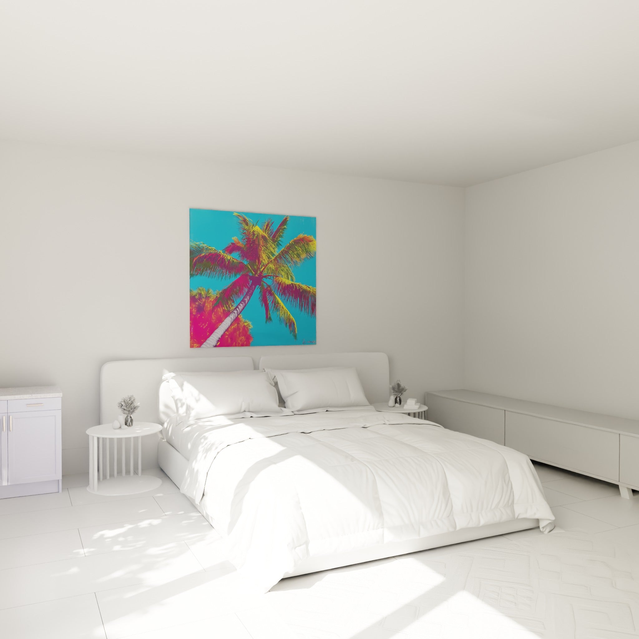 Palmier aux teintes fuchsia et turquoise, style pop art, accroché au-dessus d'un lit dans une chambre claire