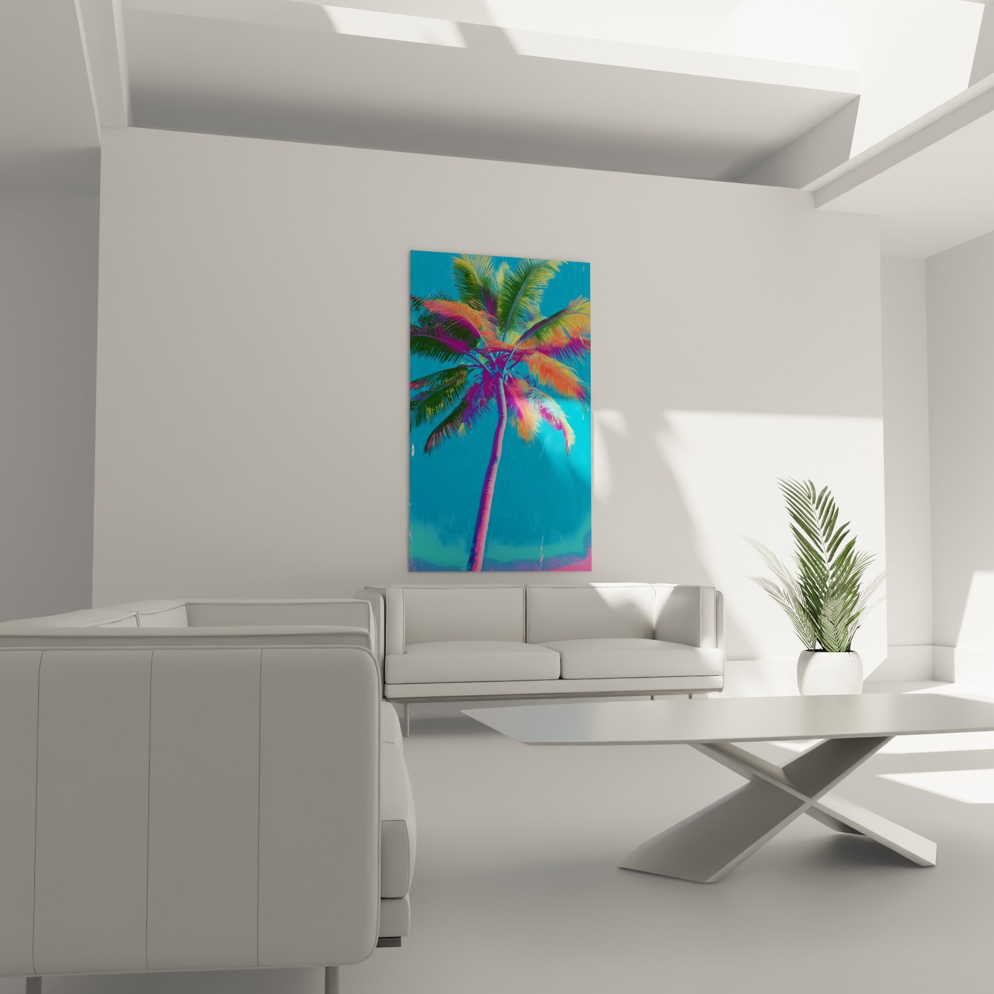 Palme orangée et verte du palmier rose vif au-dessus d'un canapé dans un salon lumineux