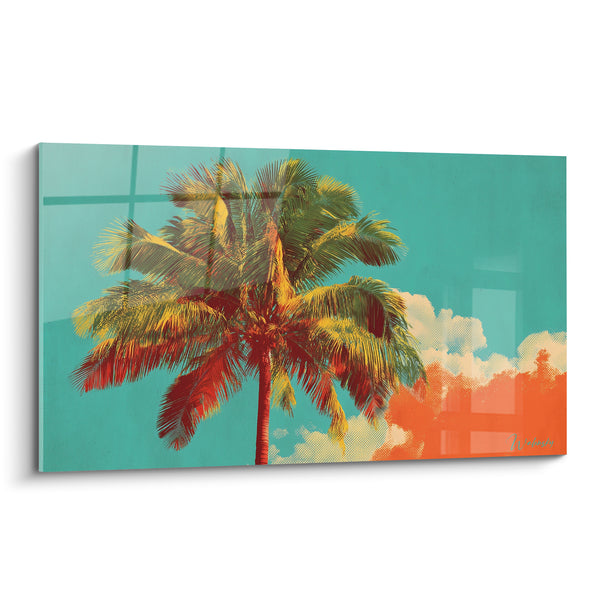 Tableau Palmier turquoise et orange aux nuages illustrés - Palmes rouge et jaune - Edition Palmier