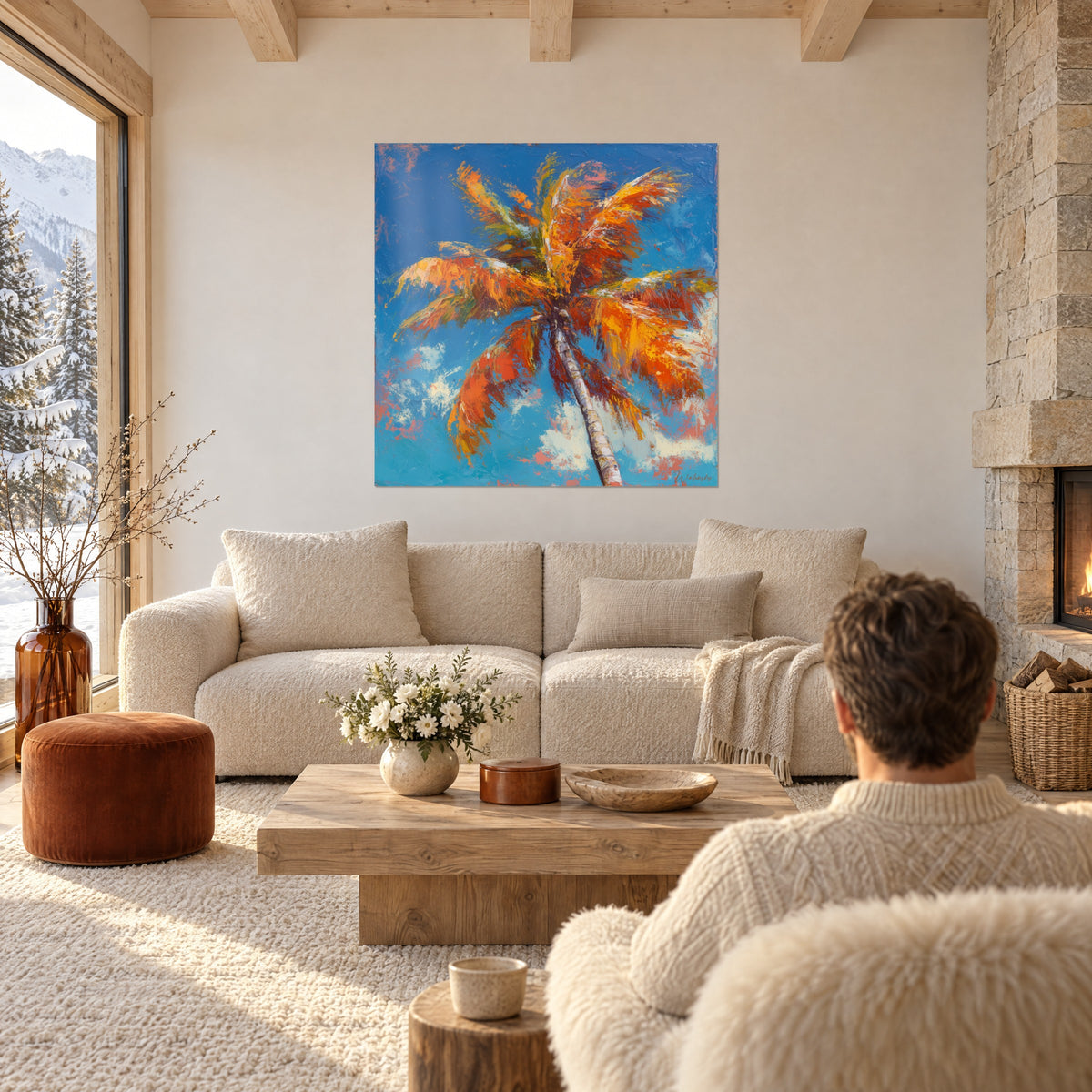 Wall art palm tree with blazing orange fronds against a blue sky, thick palette-knife strokes, hung above a sofa in a bright living room