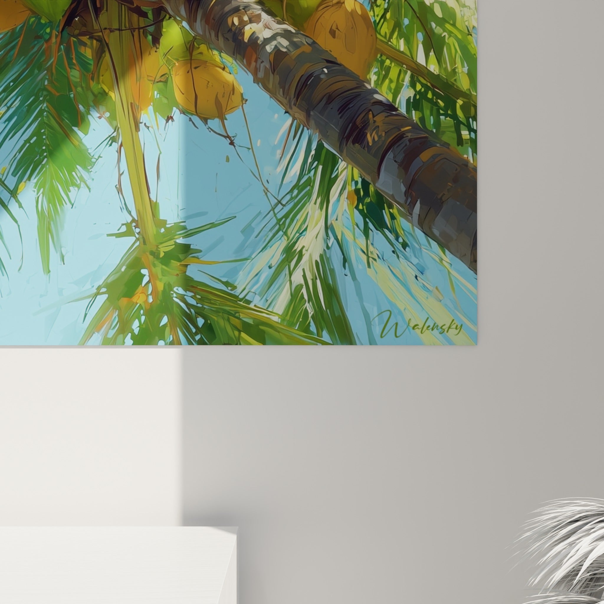 Détail du tronc texturé et des feuilles vert émeraude peintes à larges touches sur fond bleu pastel