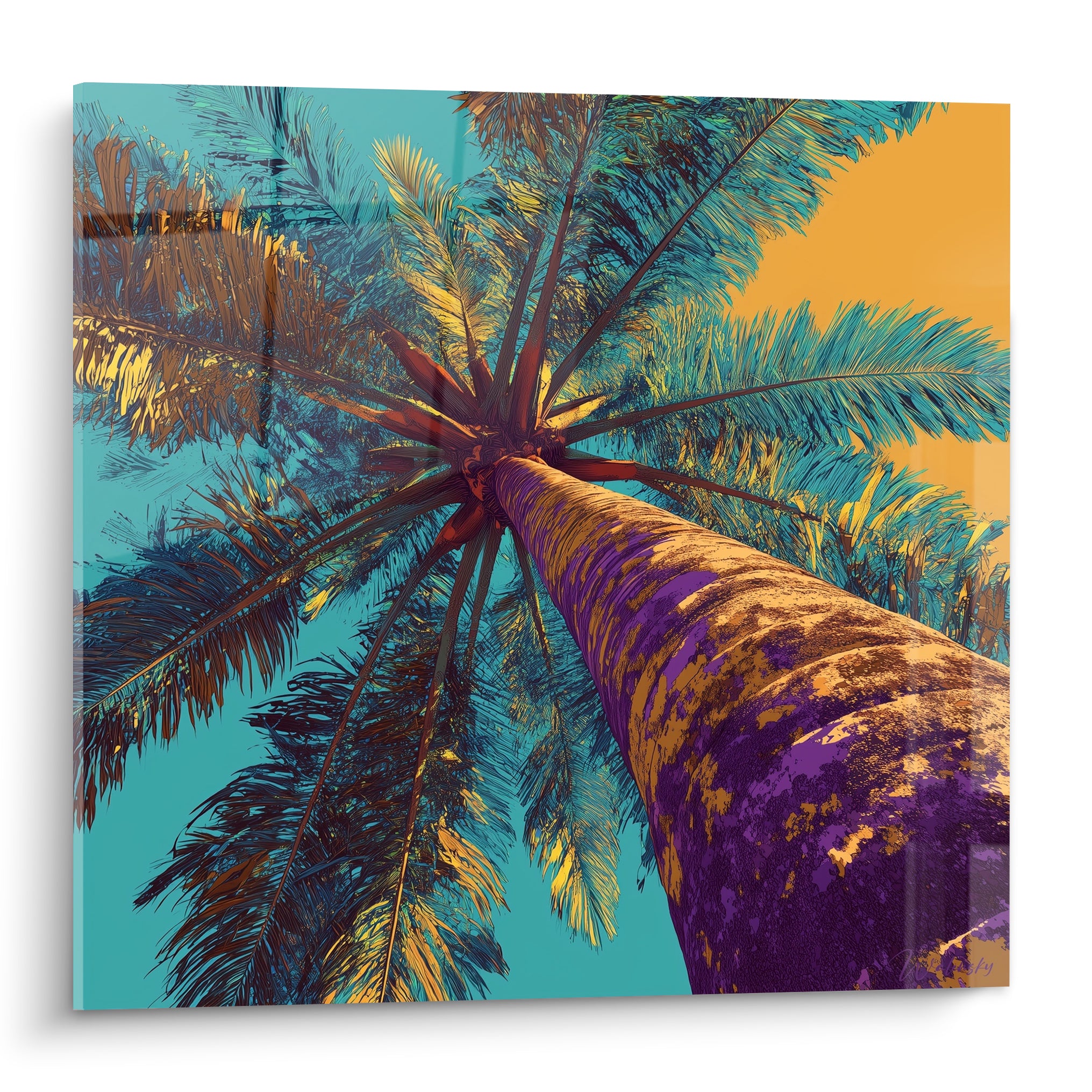 Palmier en contre-plongée, tronc violet et doré, feuillage turquoise sur fond orange vif