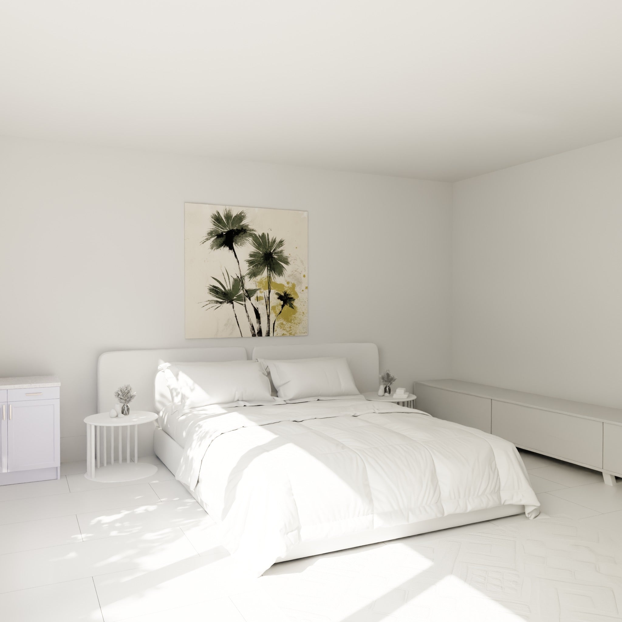 Silhouettes de palmiers kaki et troncs noirs accrochées au-dessus d'un lit dans une chambre claire.