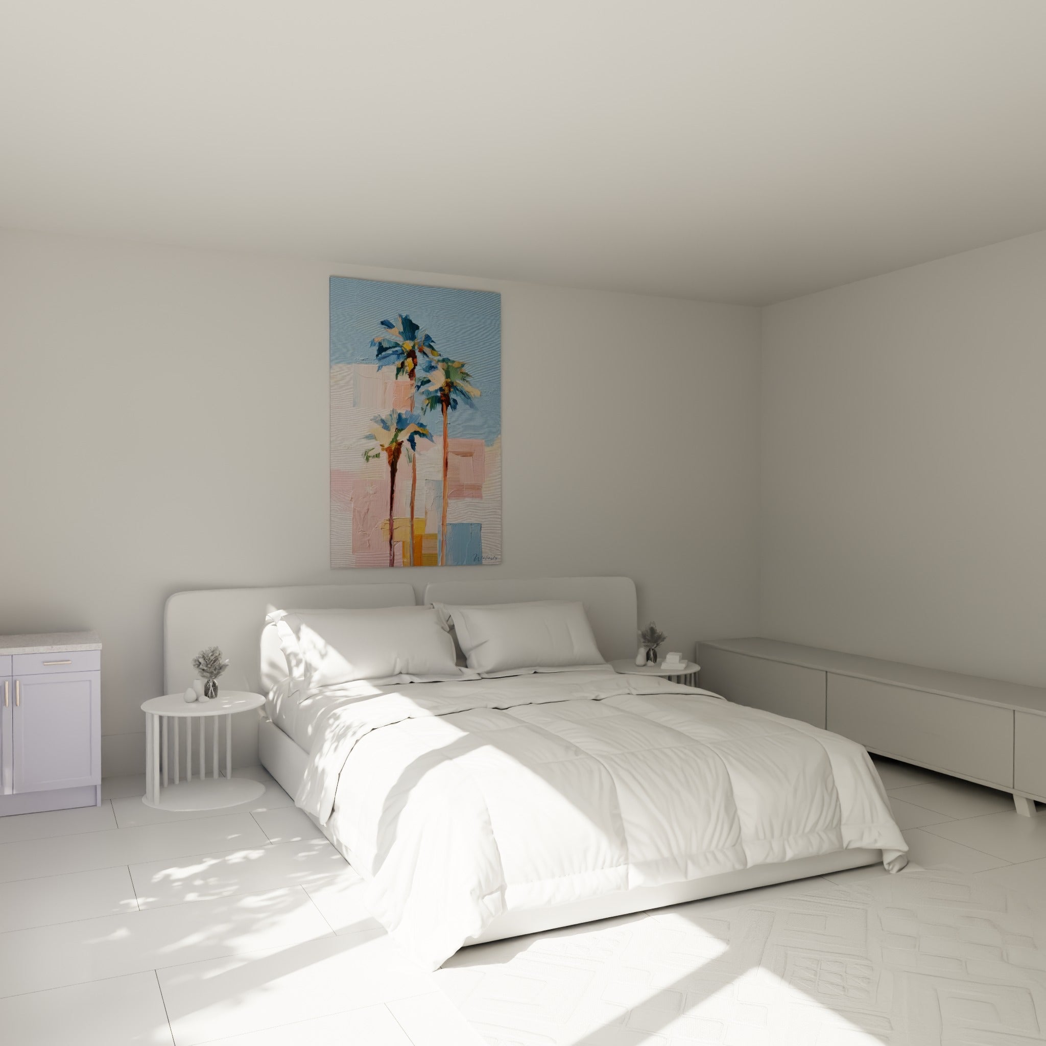 Trois palmiers ocre et bleus peints à empâtements, au-dessus d'un lit dans une chambre claire