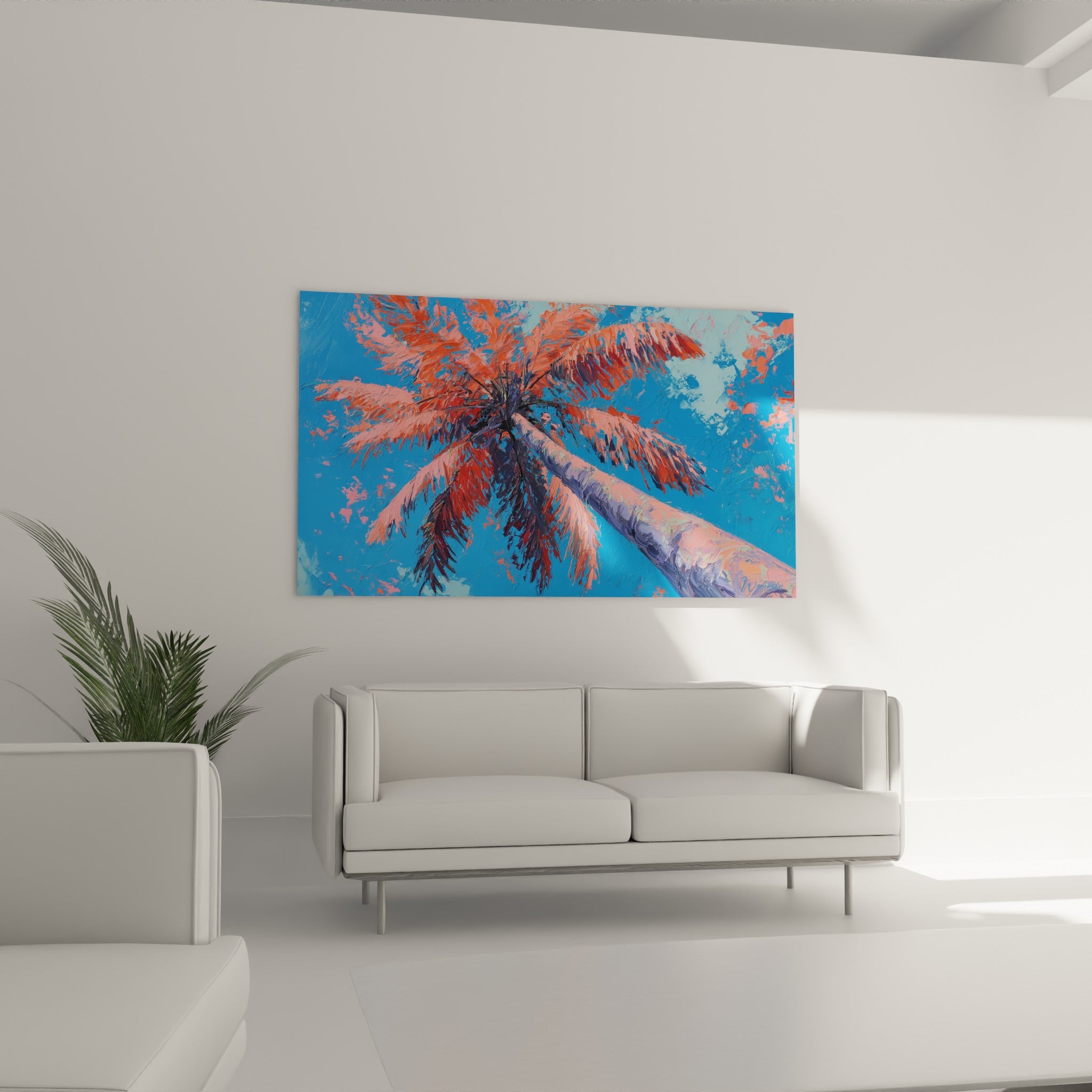 Éventail de palmes rouge et corail sur ciel bleu, ce palmier trône au-dessus d'un canapé dans un salon lumineux
