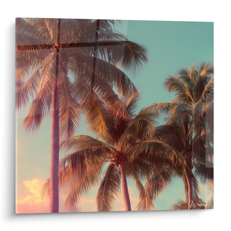 Tableau Cocotiers turquoise et corail sous ciel vintage - Nuage doré bas - Edition Palmier