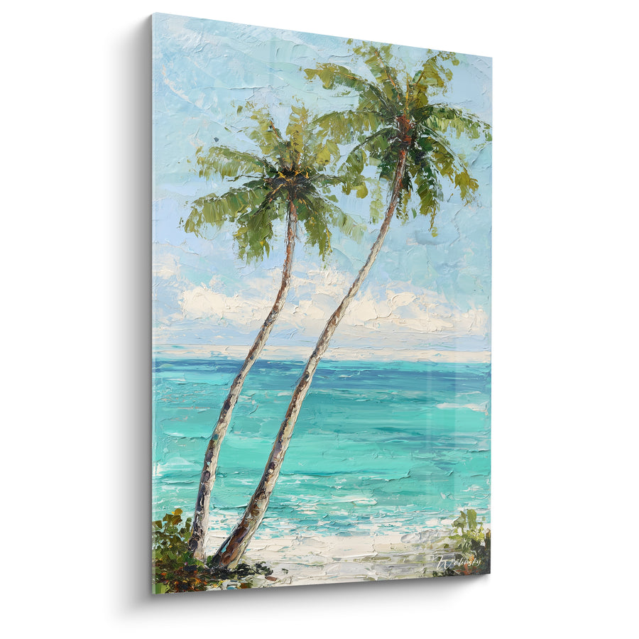 Tableau Cocotiers verts et turquoise sur mer calme - Troncs entrecroisés au sable blanc - Edition Palmier